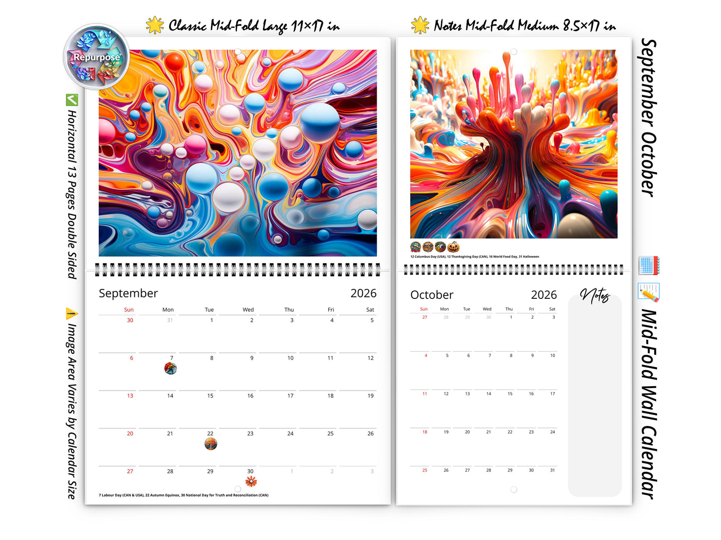 Calendario de pared de colores vivos 2026 de Kaleidoscope Artisan: arte en movimiento con las fiestas