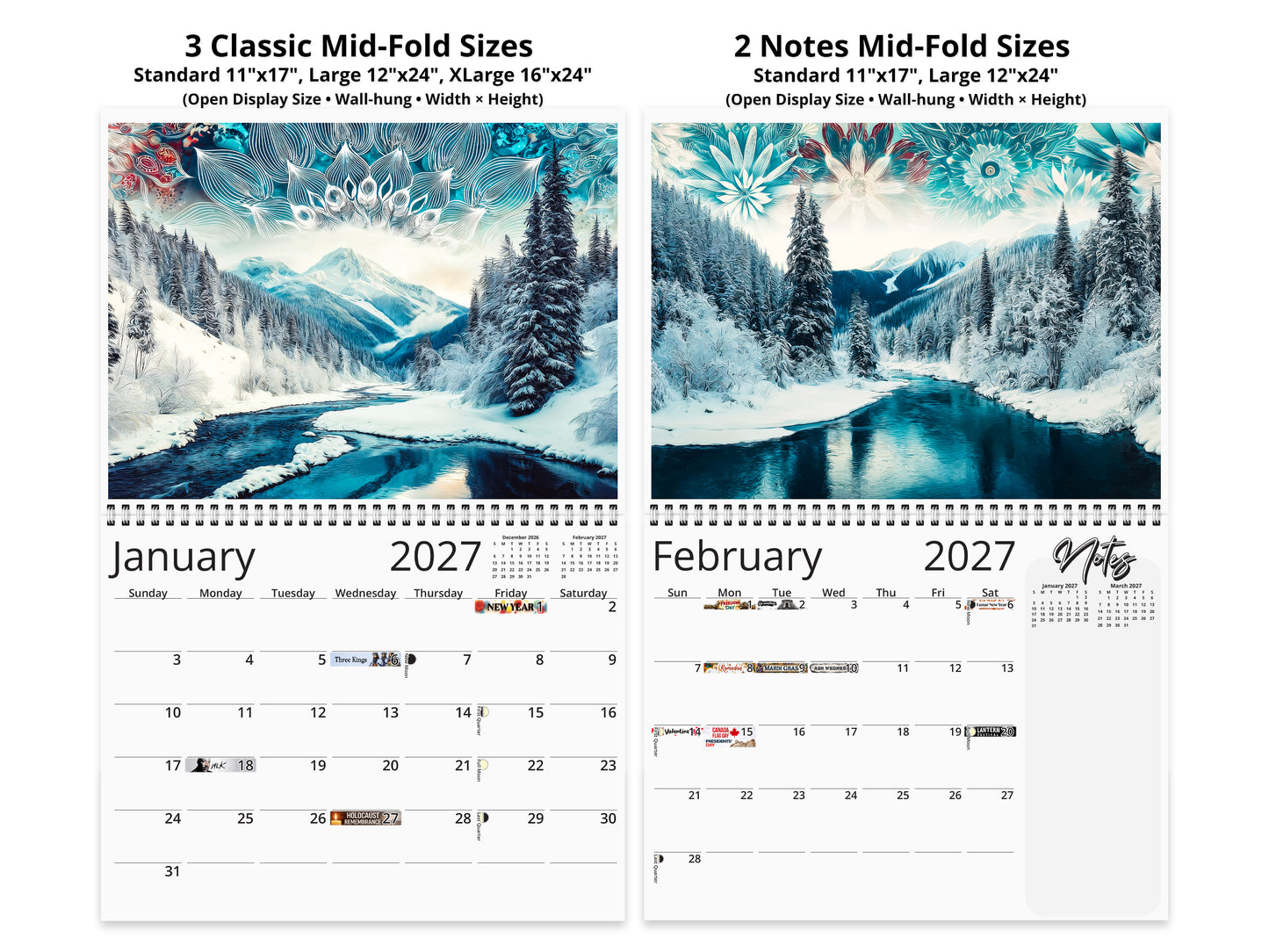 2027 Alaska Embrace Wall Calendar by Kaleidoscope Artisan – Winter Serenity with Holidays