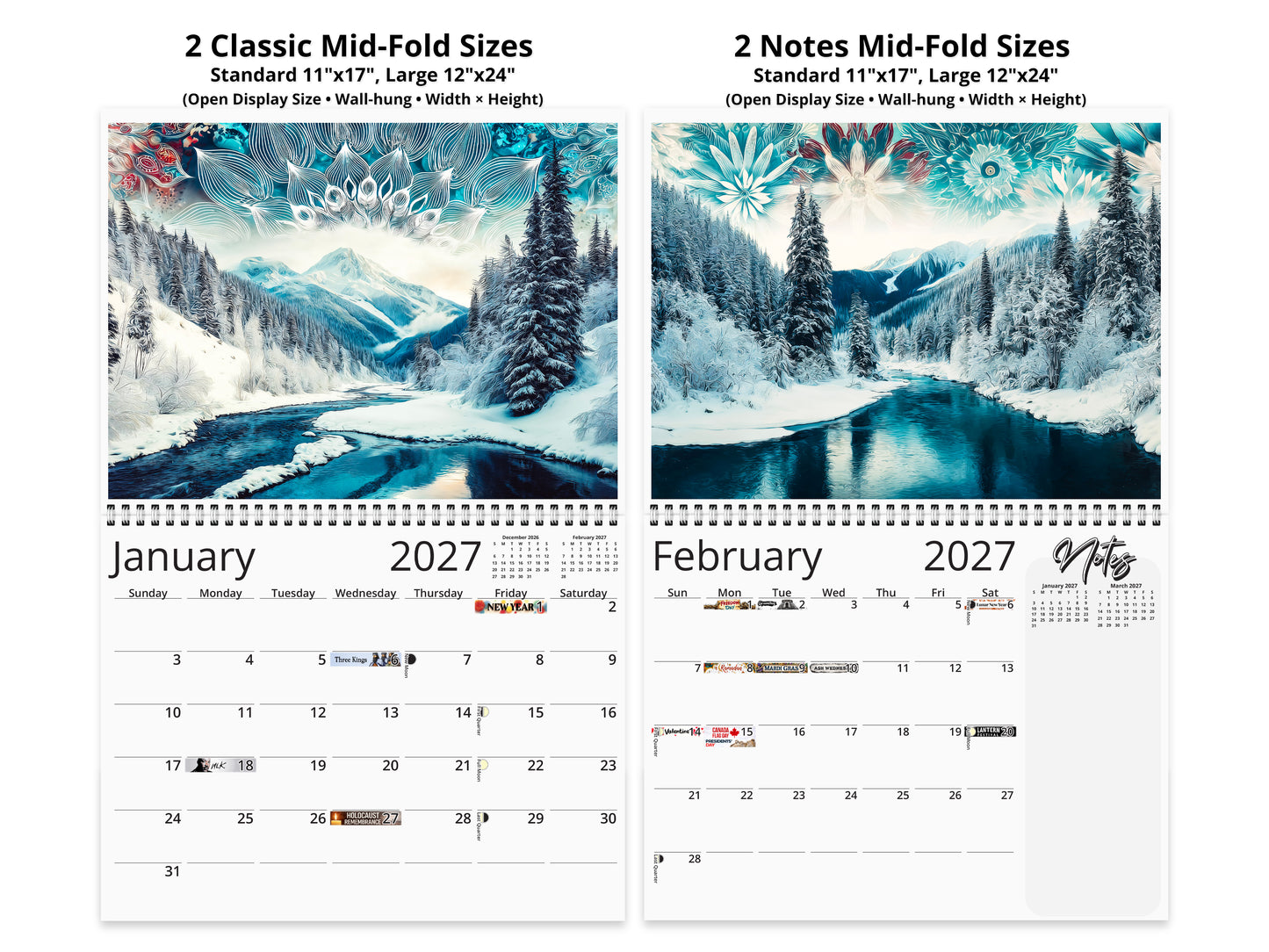 2027 Alaska Embrace Wall Calendar by Kaleidoscope Artisan – Winter Serenity with Holidays