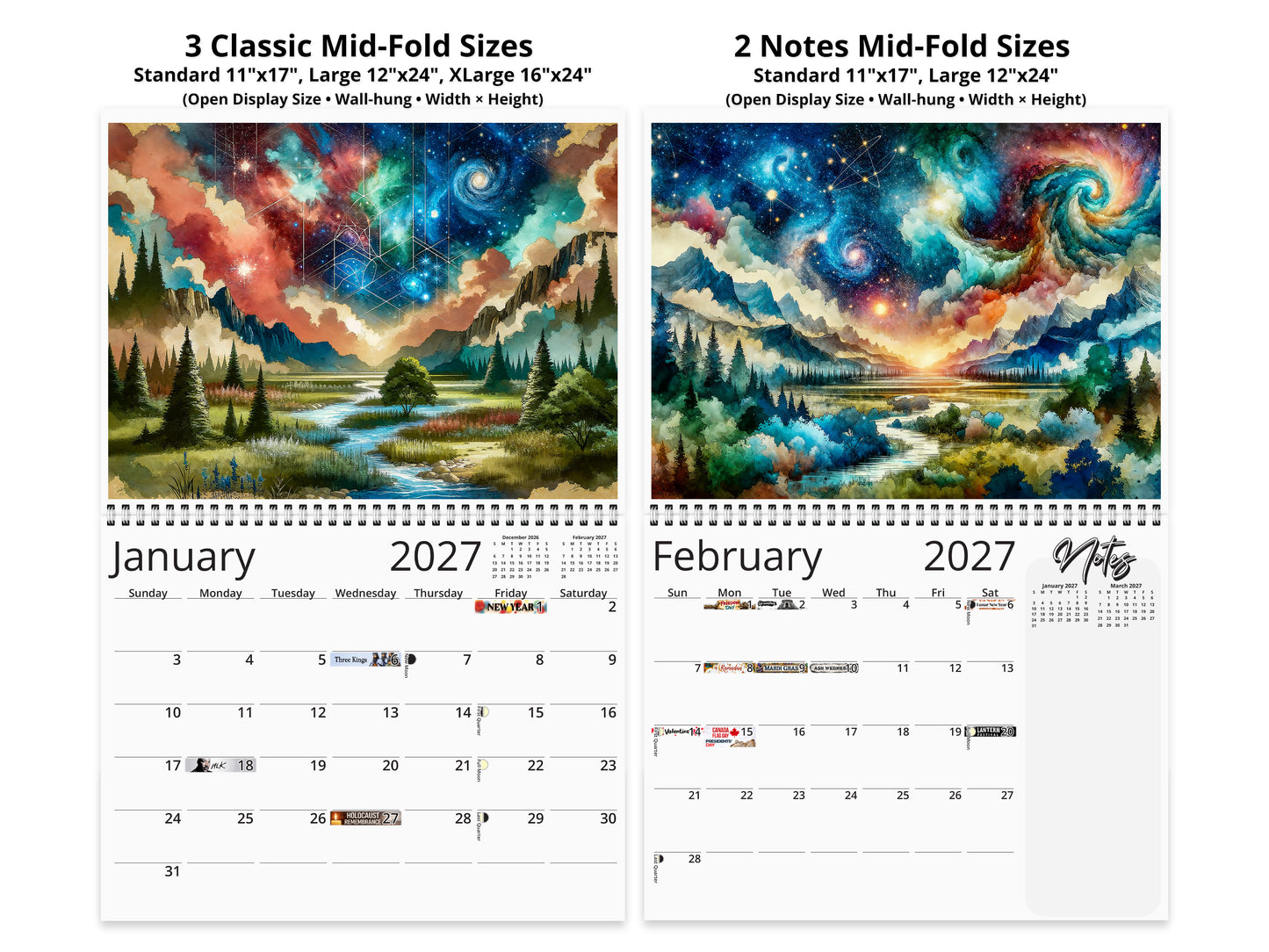 2027 Watercolor Horizons Wall Calendar by Kaleidoscope Artisan – Ethereal Landscape Art with Holidays