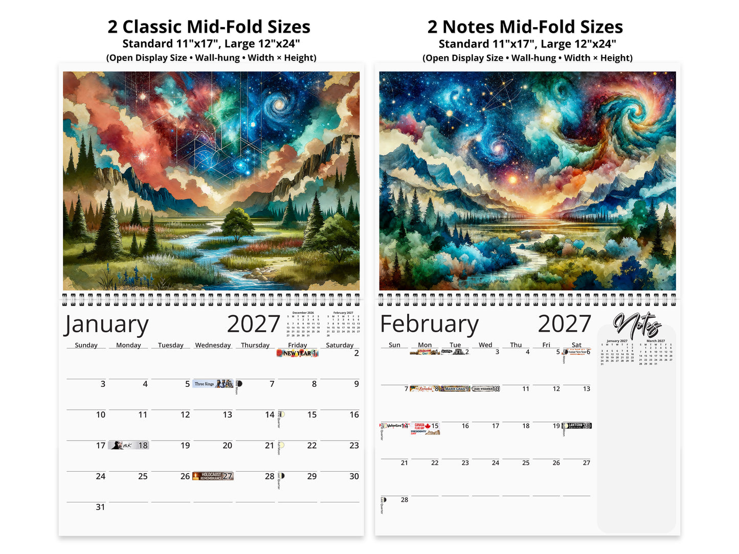 2027 Watercolor Horizons Wall Calendar by Kaleidoscope Artisan – Ethereal Landscape Art with Holidays