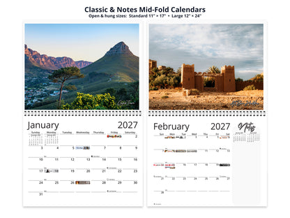 Africa Vistas by Kaleidoscope Artisan - Wildlife and Landscapes with Holidays 2027 wall calendar classic and notes mid-fold calendar pages