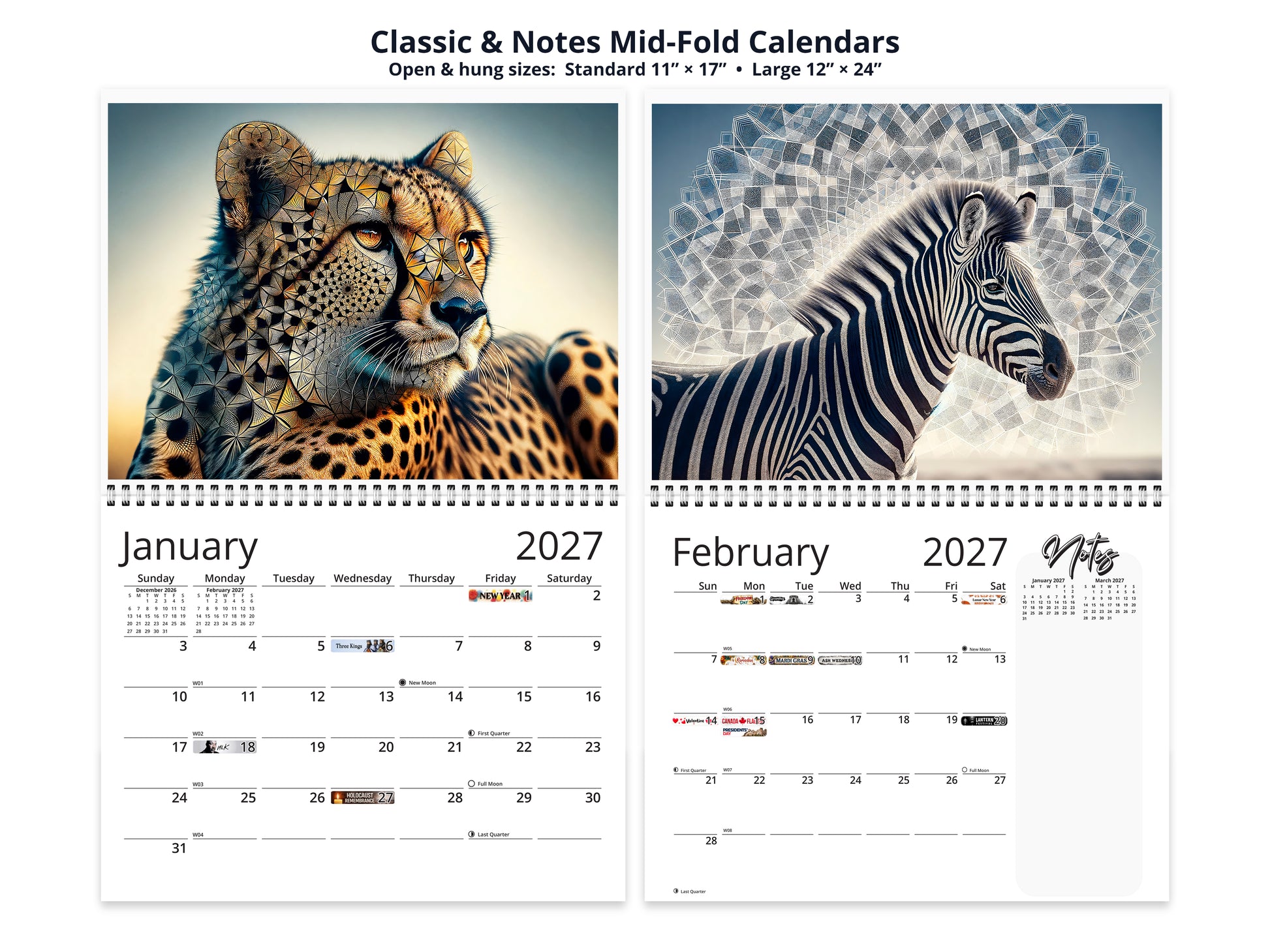 African Wildlife 2027 wall calendar top fold calendar interior pages