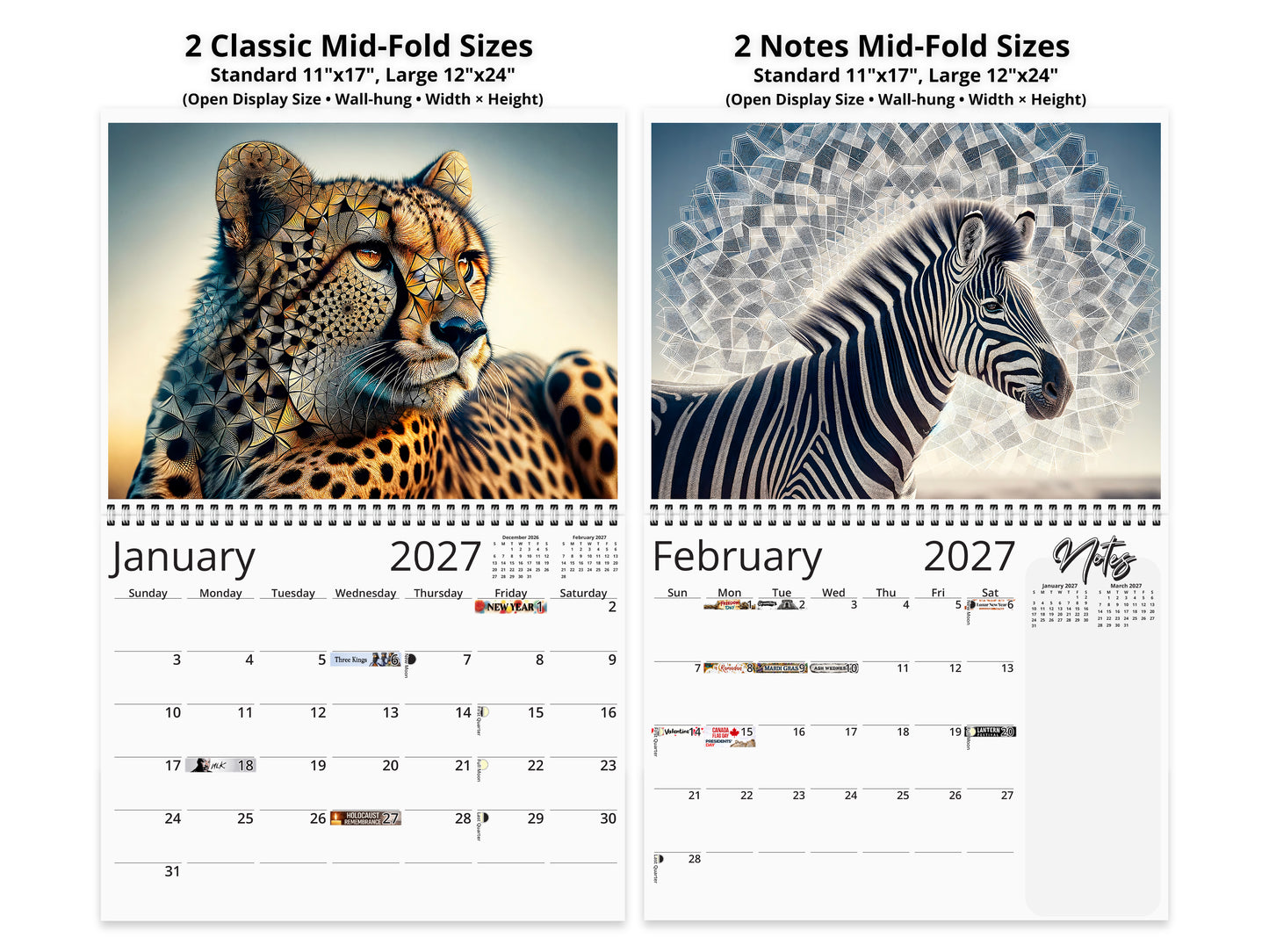 2027 African Wildlife Wall Calendar by Kaleidoscope Artisan – Nature's Majesty with Holidays