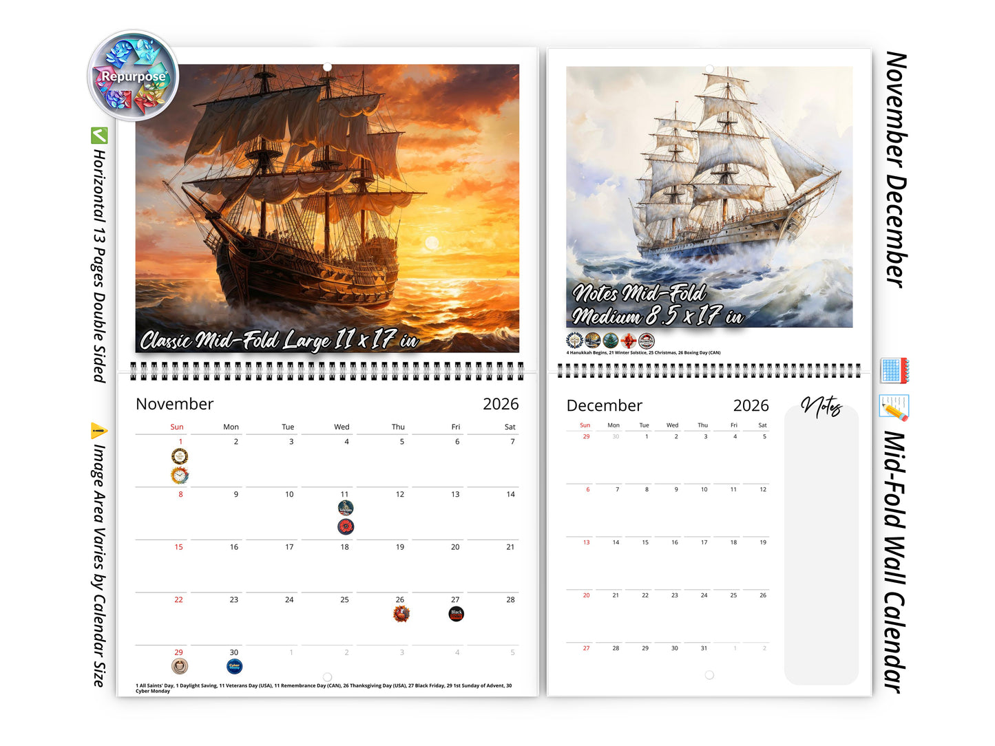2026 Age of Sail Wall Calendar by Kaleidoscope Artisan – Nautical Adventures with Holidays