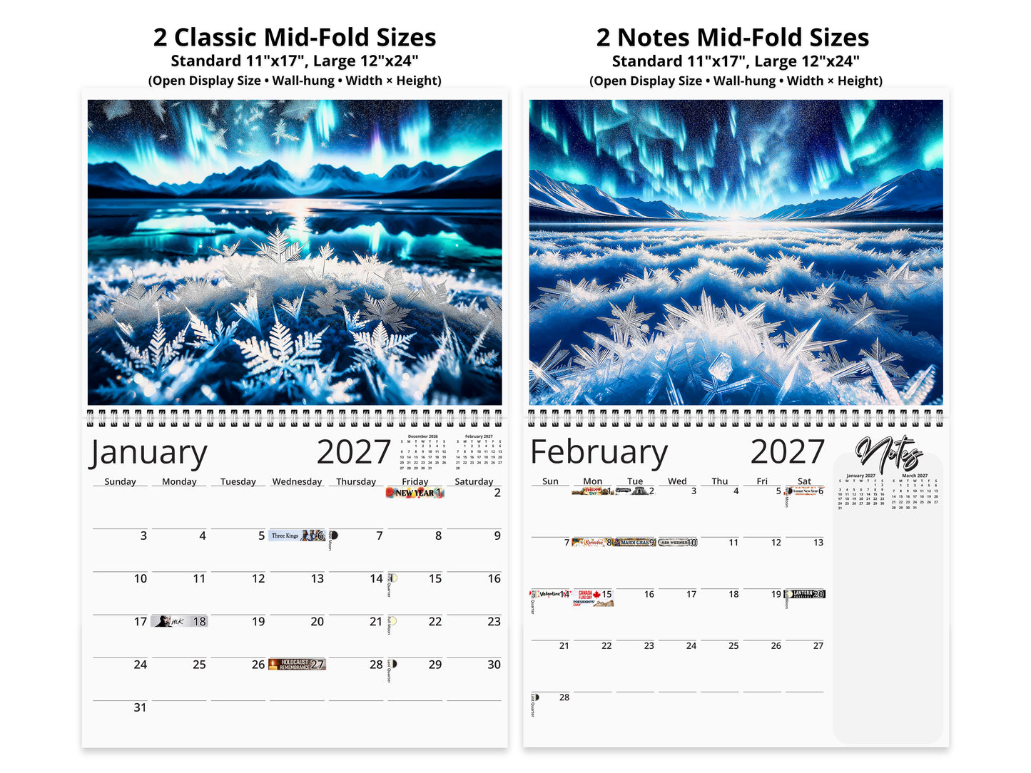 Alaska Celestial Dance 2027 wall calendar top fold calendar interior pages