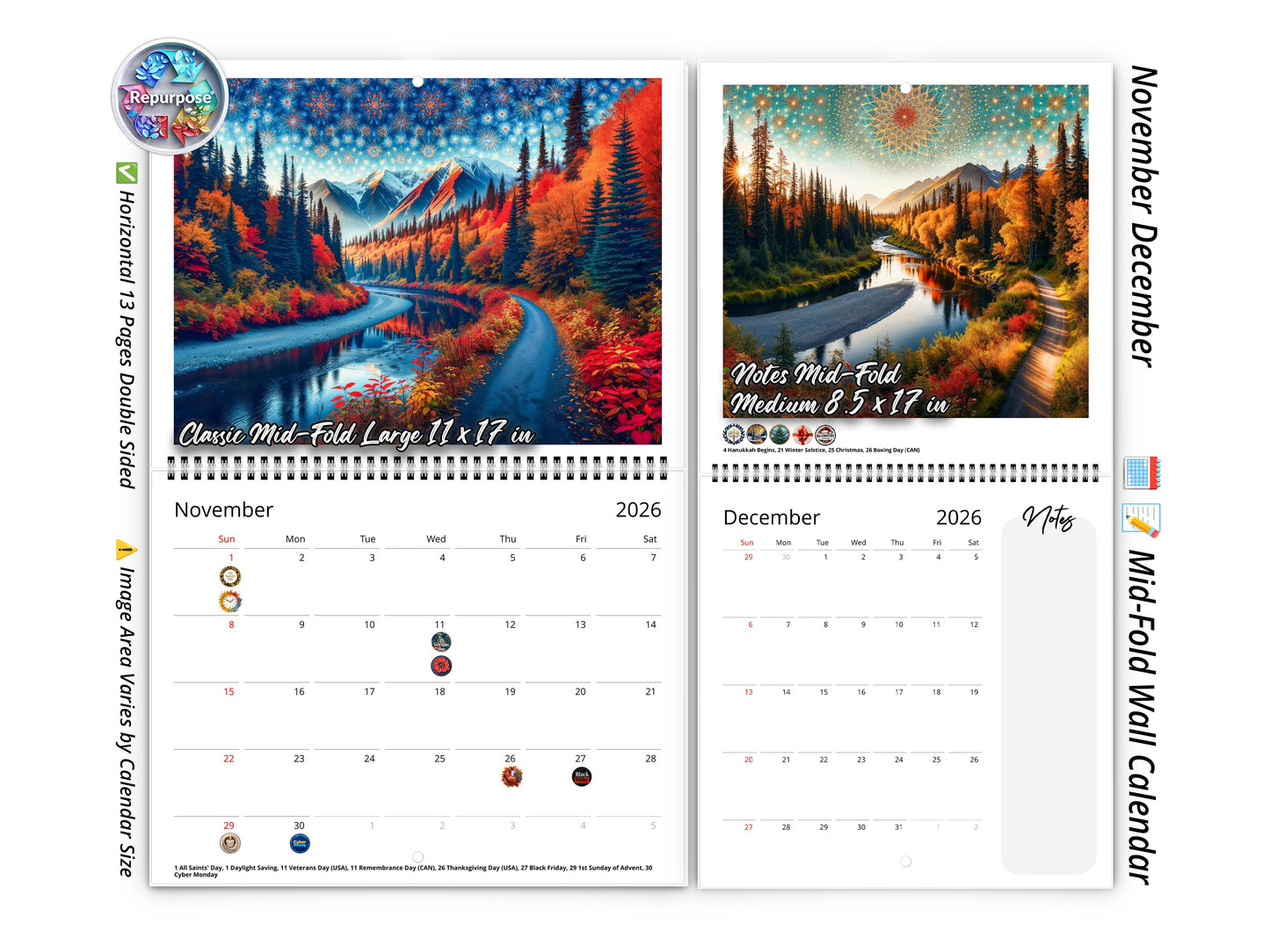2026 Alaska's Autumn Wall Calendar by Kaleidoscope Artisan – Nature’s Tranquility with Holidays