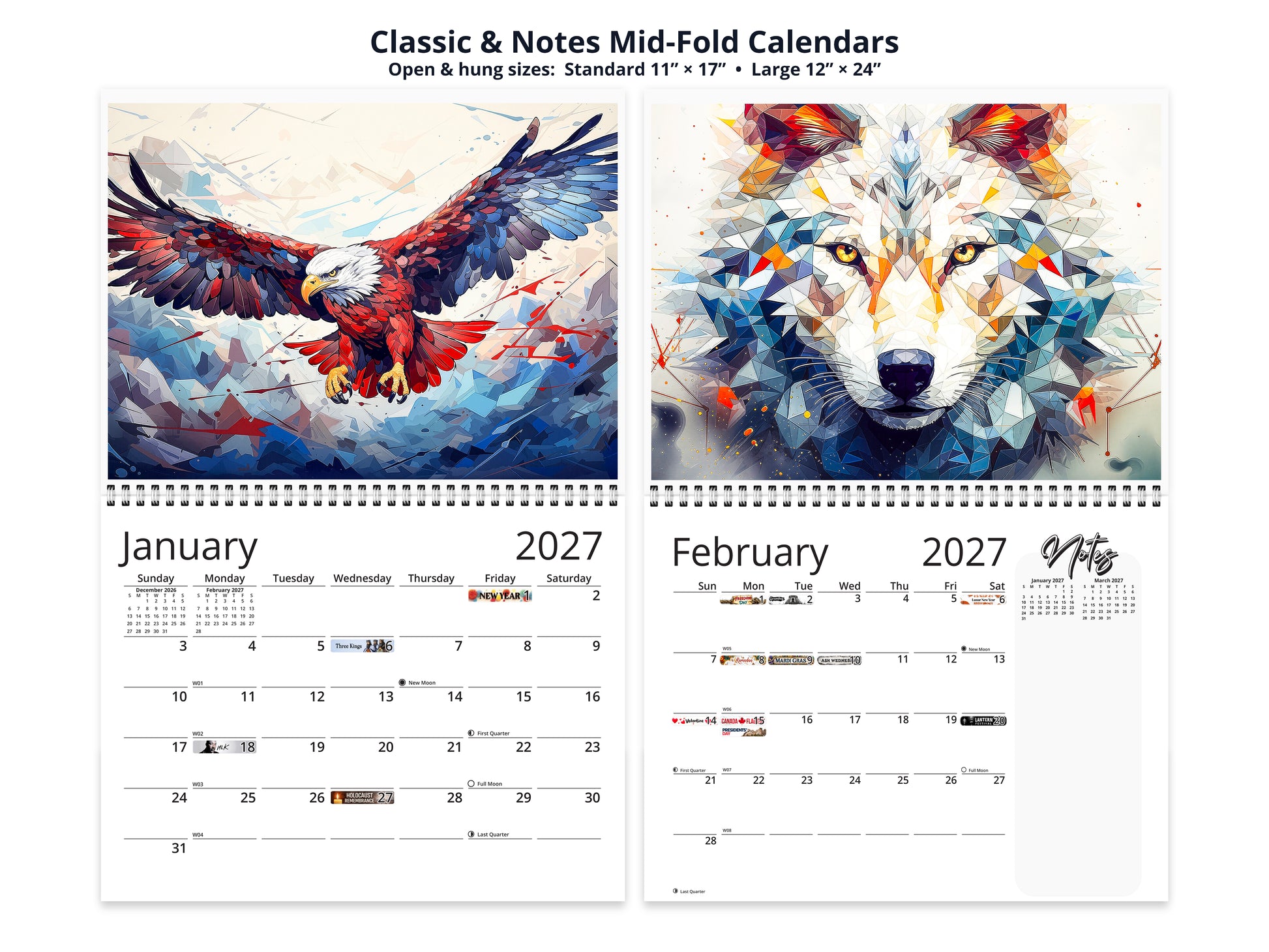Alaska Wildlife 2027 wall calendar classic and notes mid-fold calendar pages