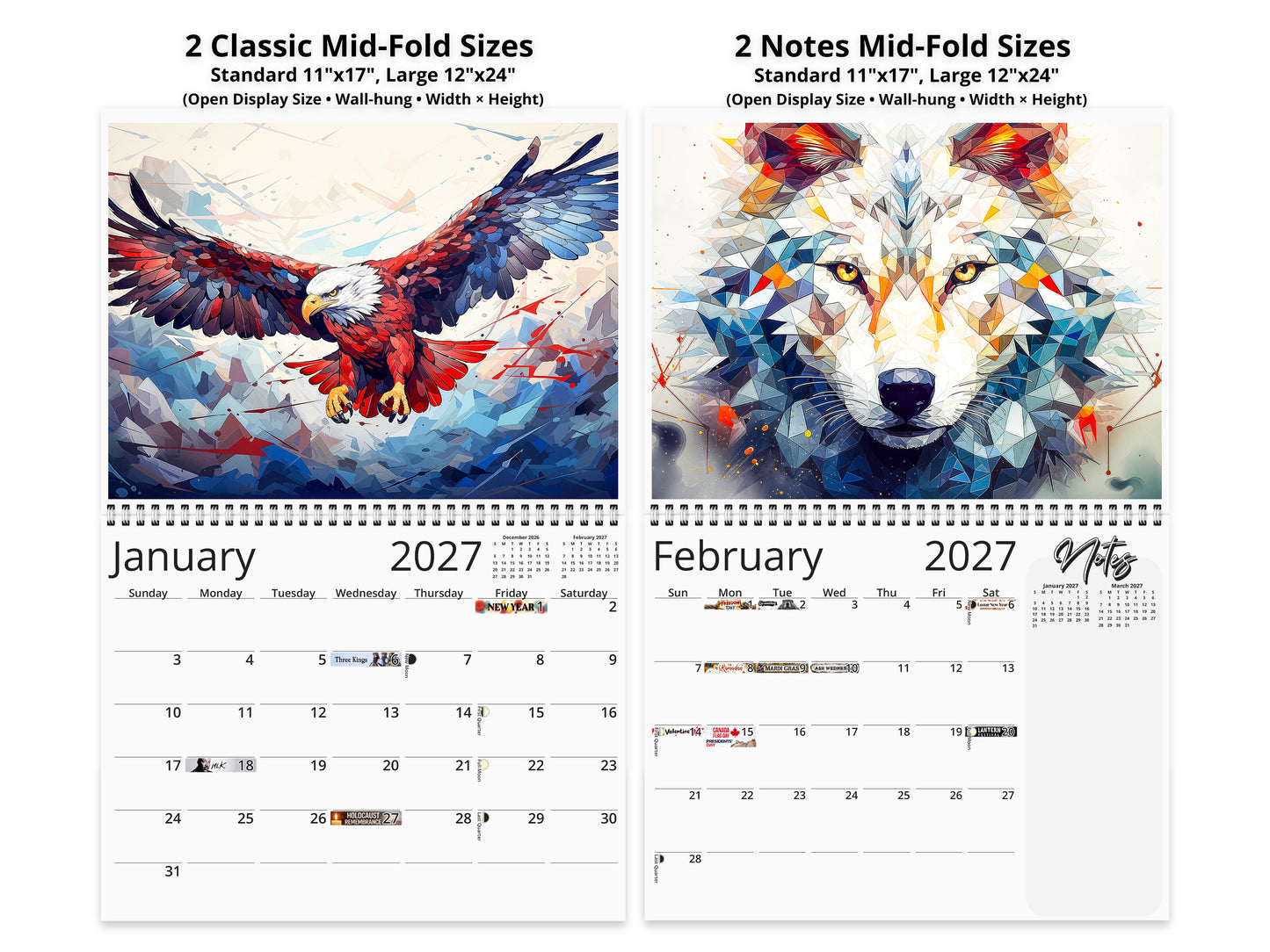 Calendario de pared de vida silvestre de Alaska 2026 de Kaleidoscope Artisan: animales geométricos vibrantes con festividades