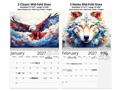 Calendario de pared de vida silvestre de Alaska 2026 de Kaleidoscope Artisan: animales geométricos vibrantes con festividades
