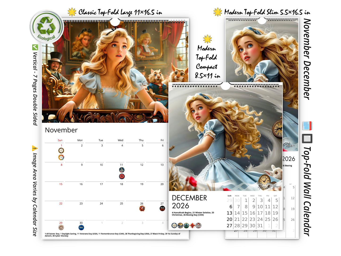 Calendario de pared de Alicia en el País de las Maravillas 2026 de Kaleidoscope Artisan: Aventuras de cuentos con festividades