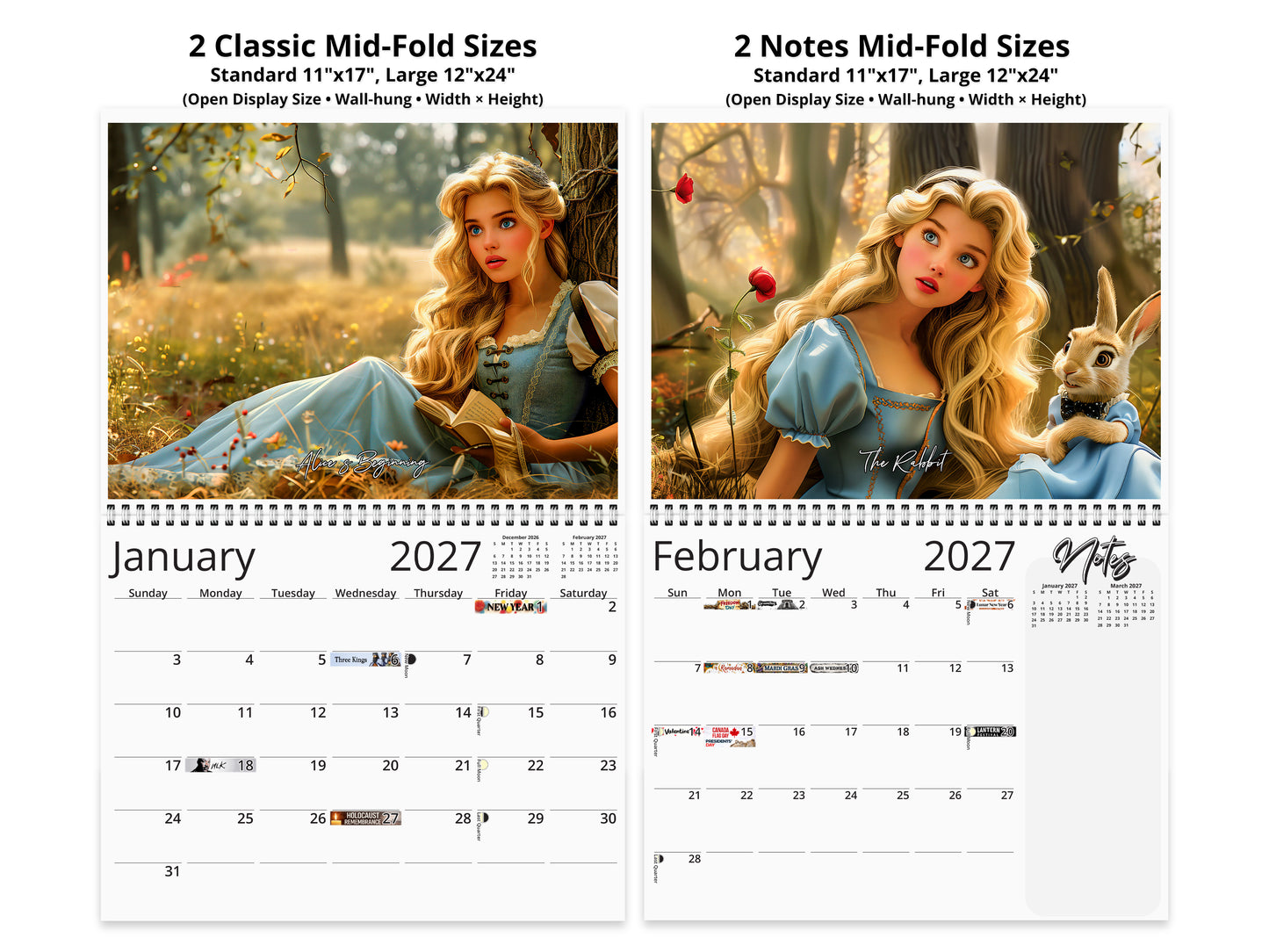Alice in Wonderland 2027 wall calendar top fold calendar interior pages