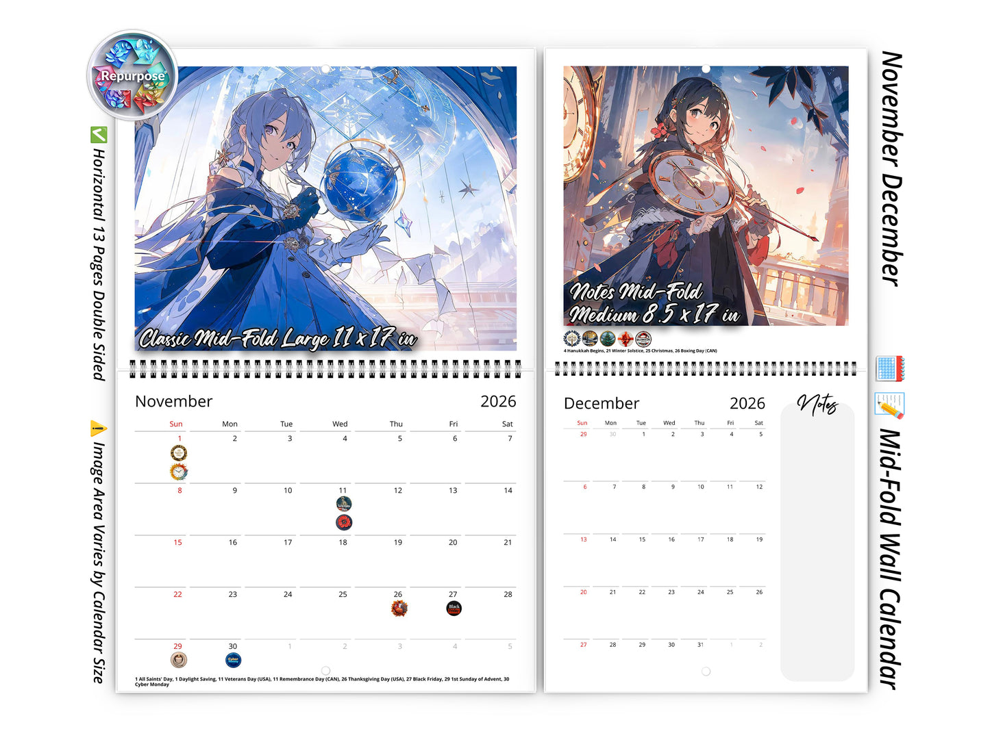 2026 Anime Illuminated Tales Wall Calendar by Kaleidoscope Artisan – Enchanting Anime Art with Holidays