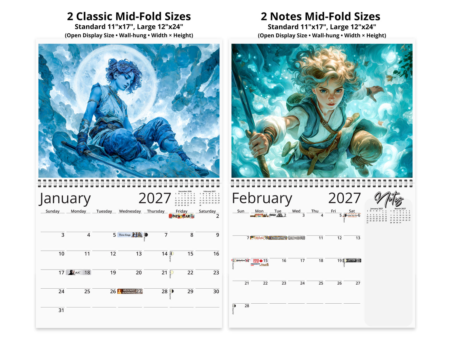 2027 Anime Mystic Radiance Wall Calendar by Kaleidoscope Artisan – Celestial Guardian with Holidays