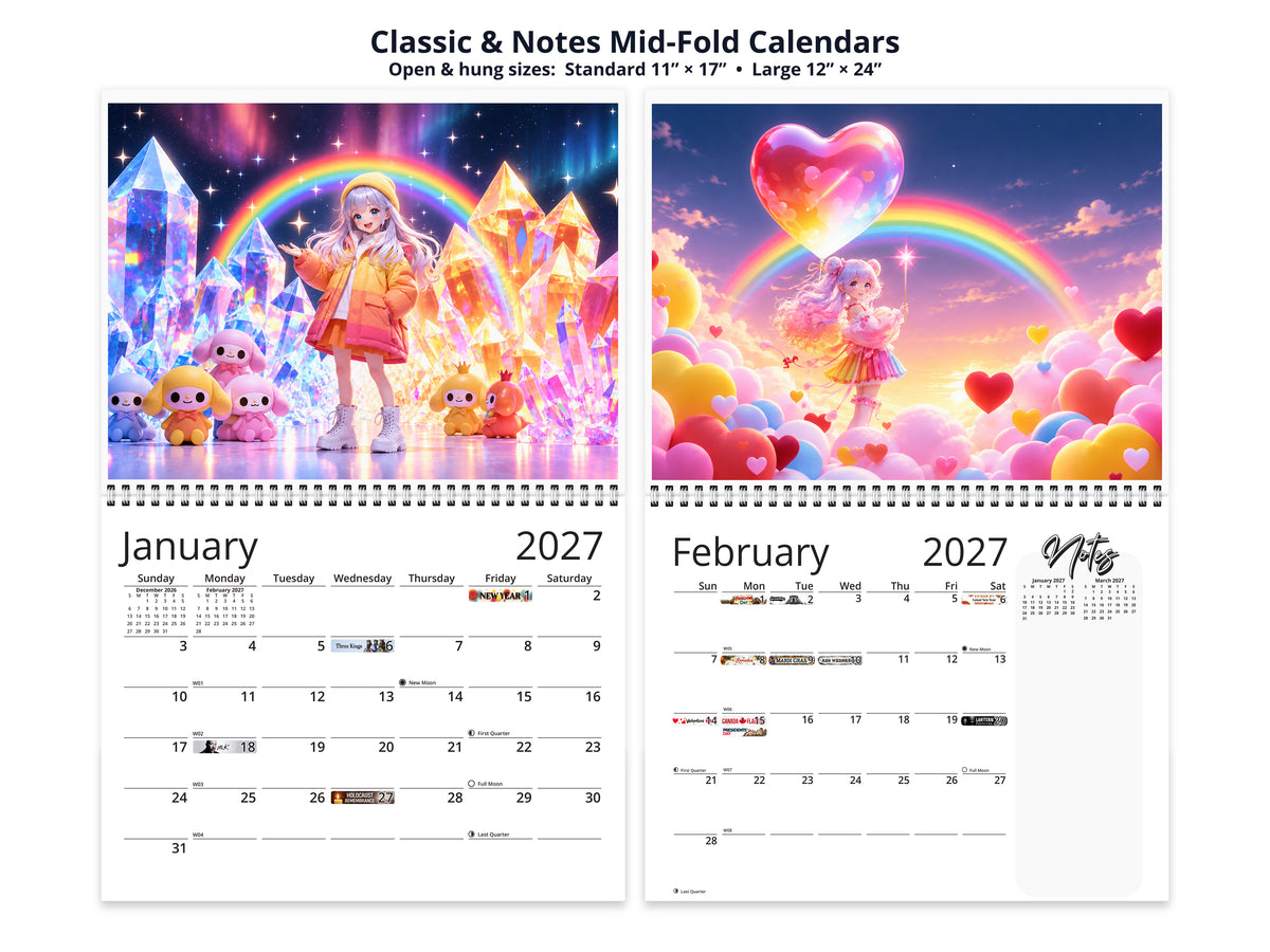 Anime Rainbow 2027 wall calendar classic and notes mid-fold calendar pages