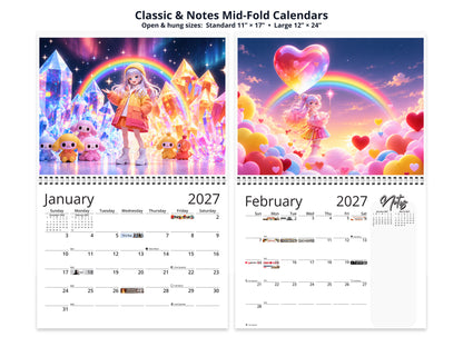 Anime Rainbow 2027 wall calendar classic and notes mid-fold calendar pages