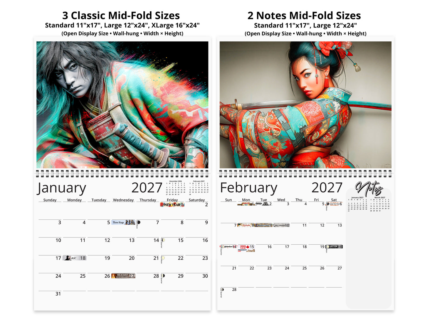 2027 Anime Ronin Wall Calendar by Kaleidoscope Artisan – Warrior Spirit with Holidays