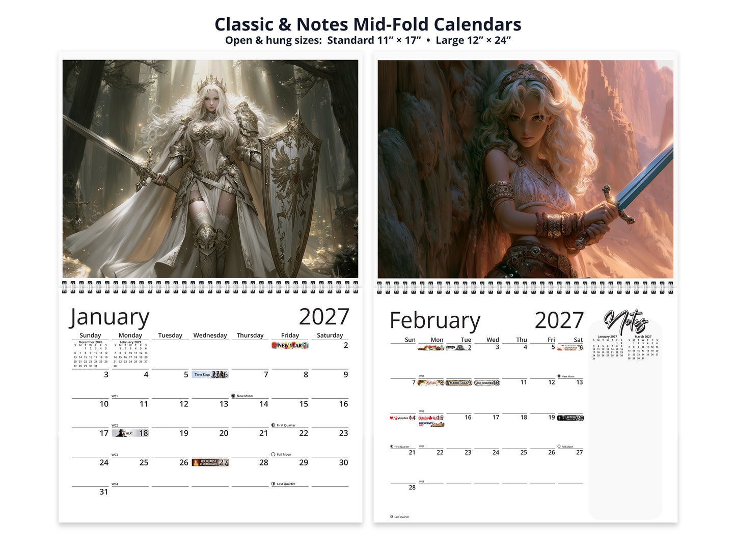 Anime Warrioress by Kaleidoscope Artisan - Mythic Guardians with Holidays 2027 wall calendar classic and notes mid-fold calendar pages