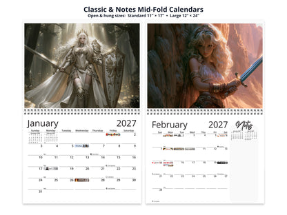 Anime Warrioress by Kaleidoscope Artisan - Mythic Guardians with Holidays 2027 wall calendar classic and notes mid-fold calendar pages