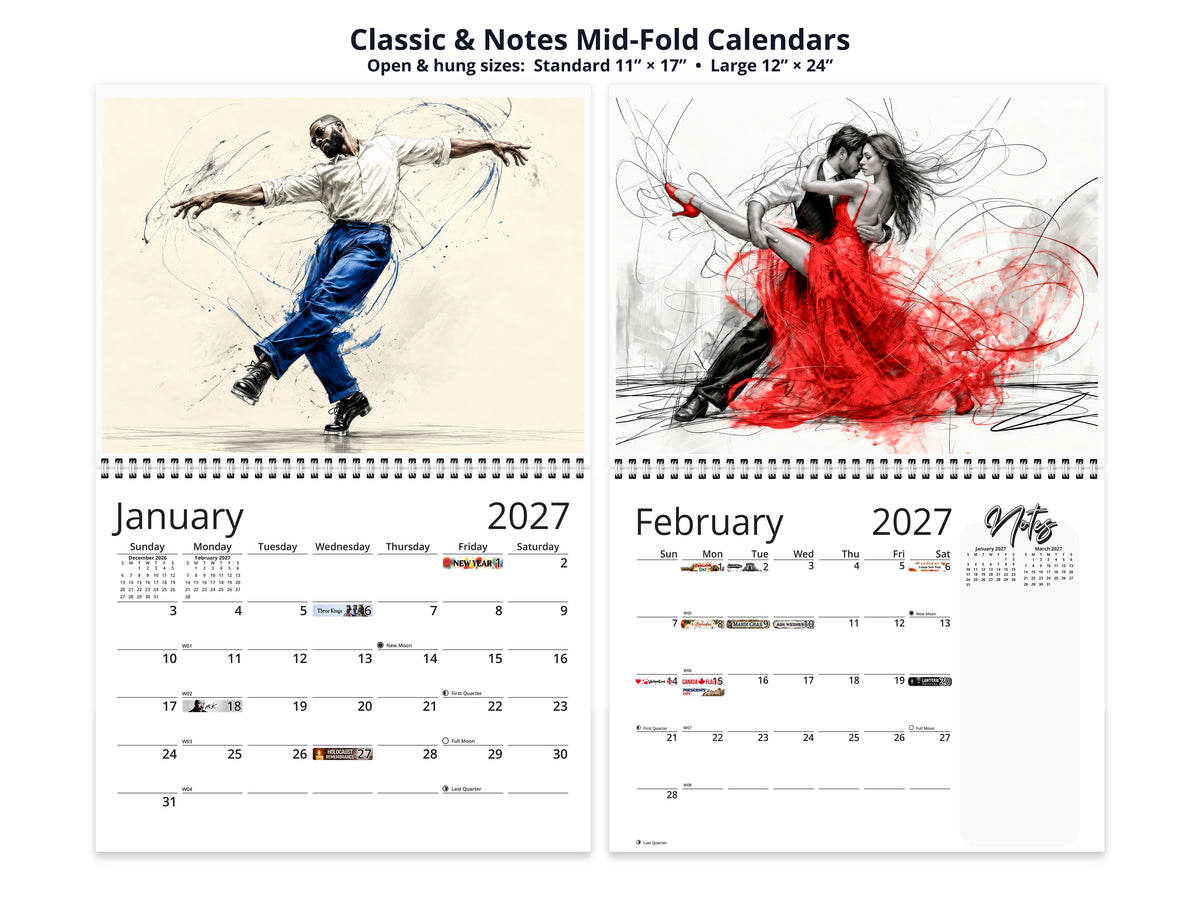 Art of Dance 2027 wall calendar classic and notes mid-fold calendar pages