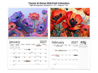 Artistic Flowers 2027 wall calendar classic and notes mid-fold calendar pages