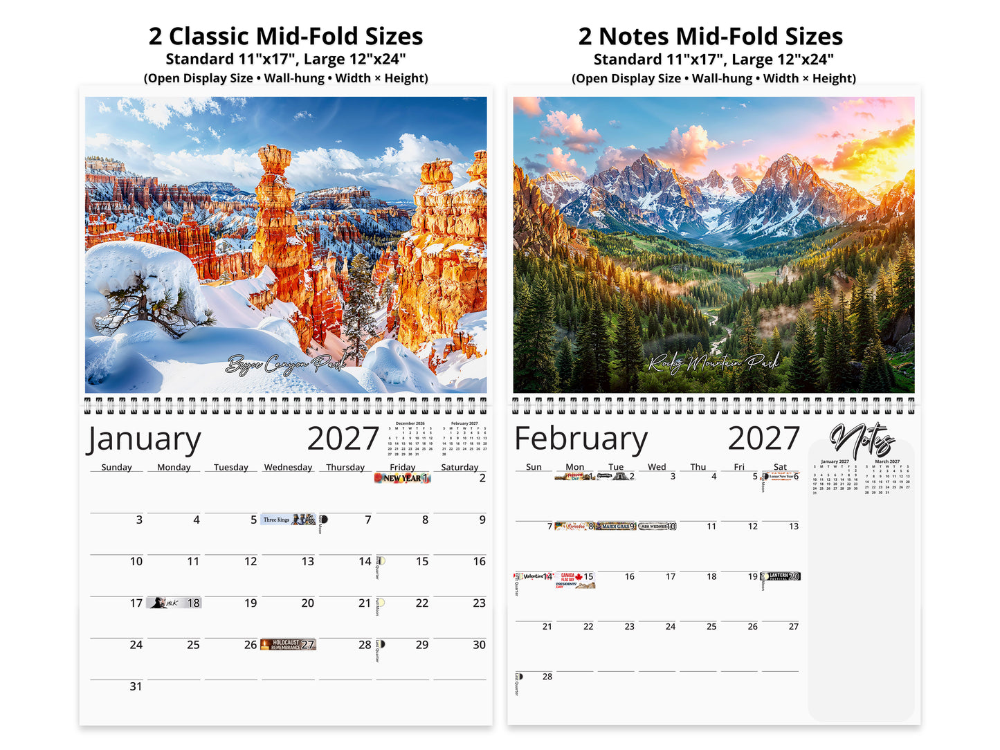 Artistic National Parks 2027 wall calendar top fold calendar interior pages