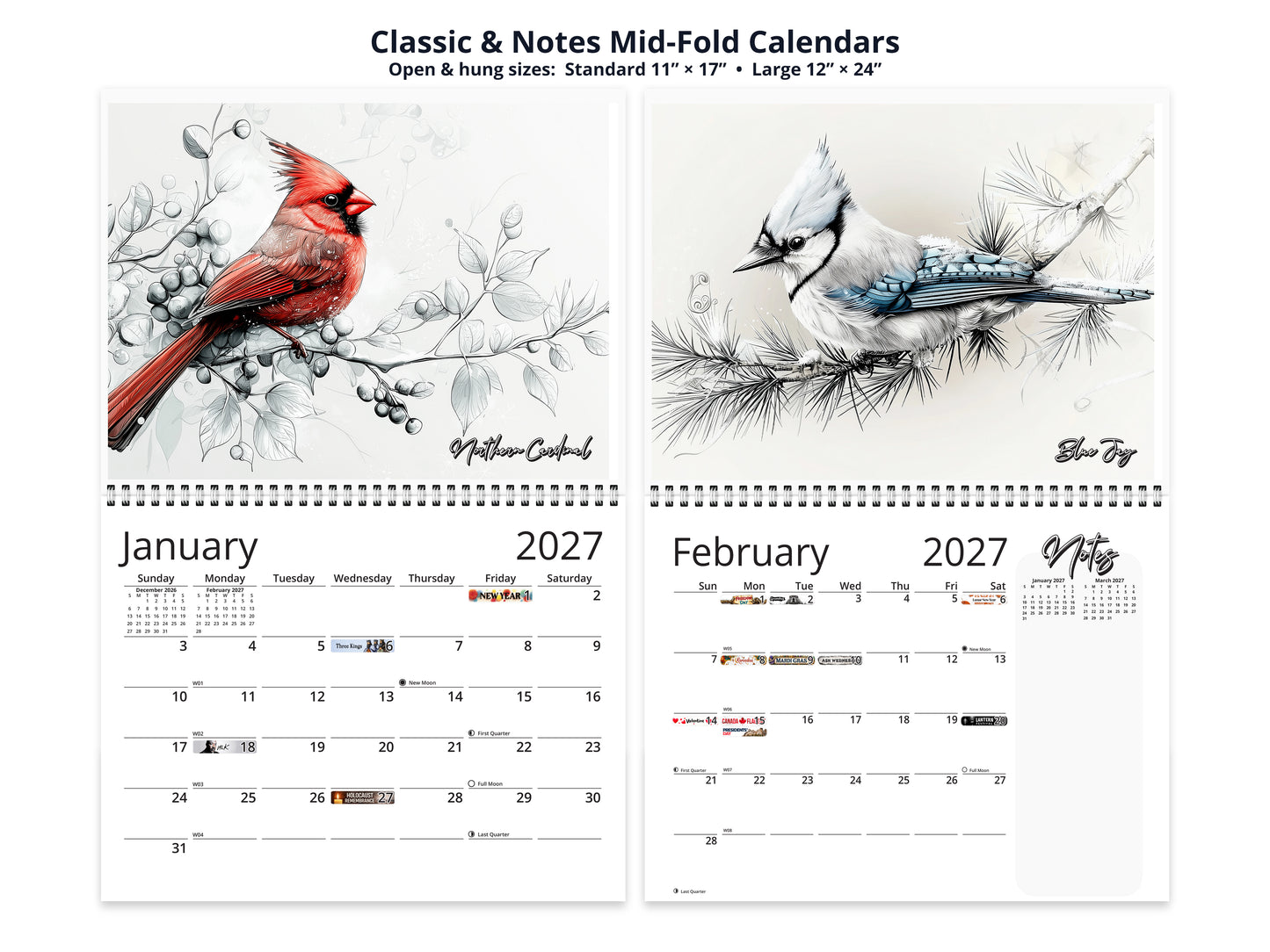 Avian Sketches 2027 wall calendar classic and notes mid-fold calendar pages