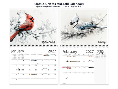 Avian Sketches 2027 wall calendar classic and notes mid-fold calendar pages