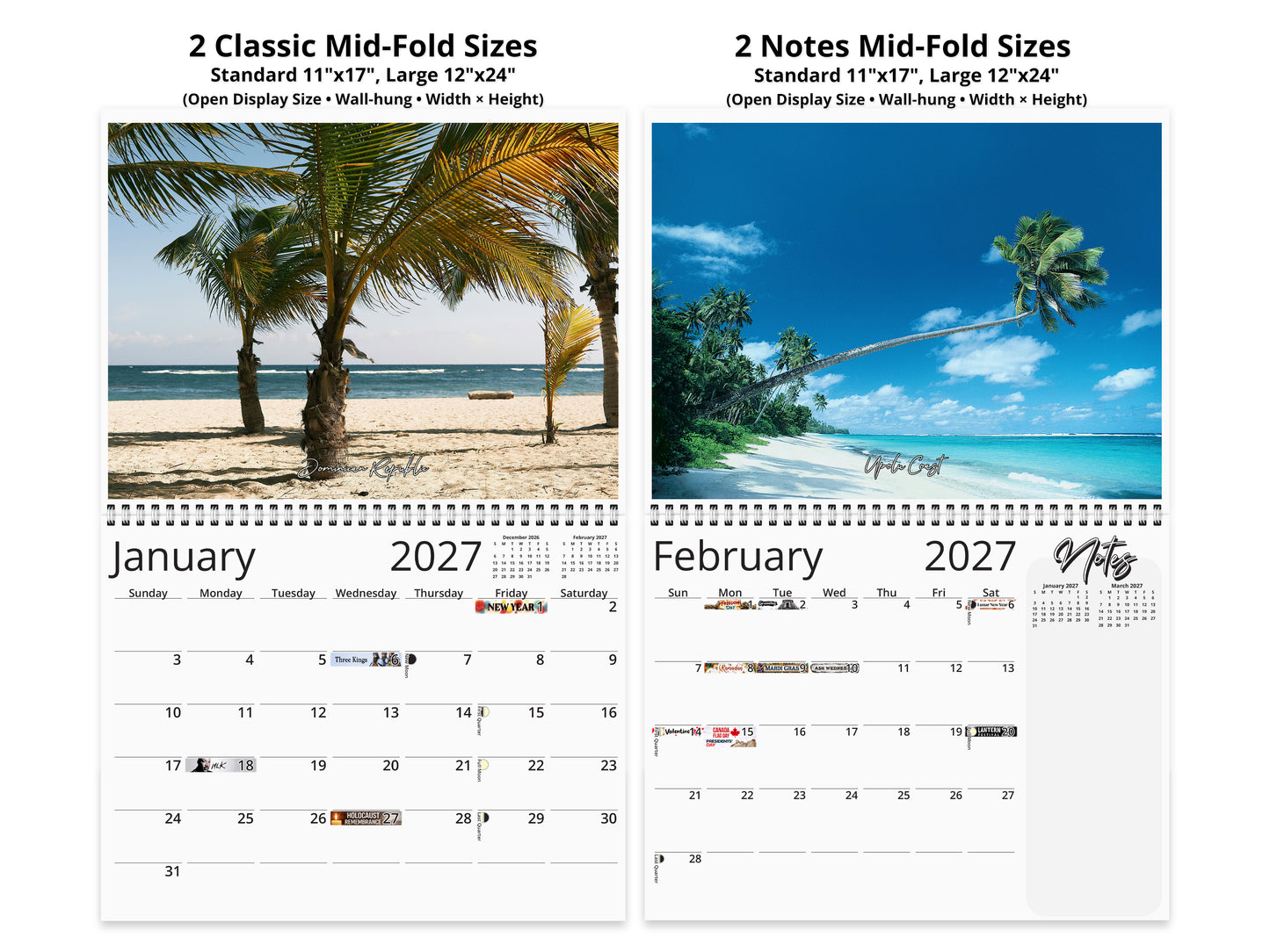Beaches Photography 2027 wall calendar top fold calendar interior pages