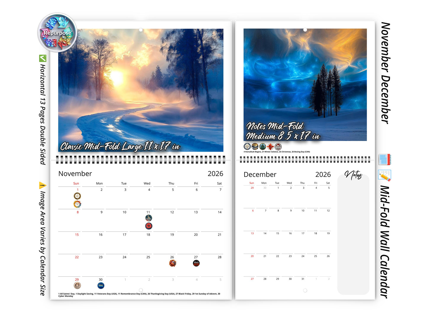 2026 Blue Vista Wall Calendar by Kaleidoscope Artisan – Captivating Horizons with Holidays