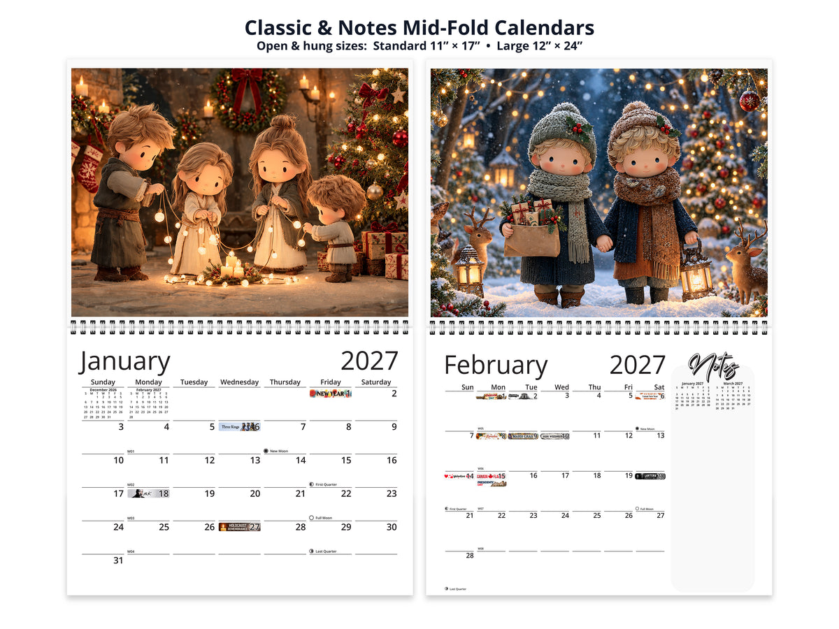 Christmas Wonder 2027 wall calendar classic and notes mid-fold calendar pages