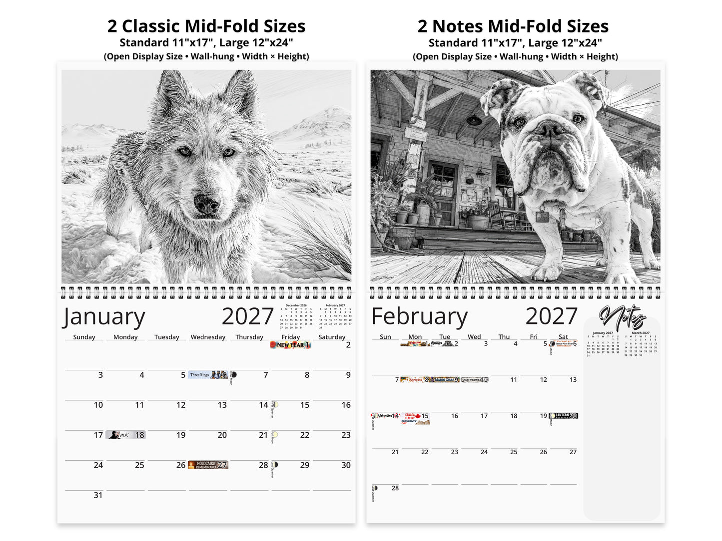 2027 Dog Lover Sketches Wall Calendar by Kaleidoscope Artisan – Faithful Companions with Holidays