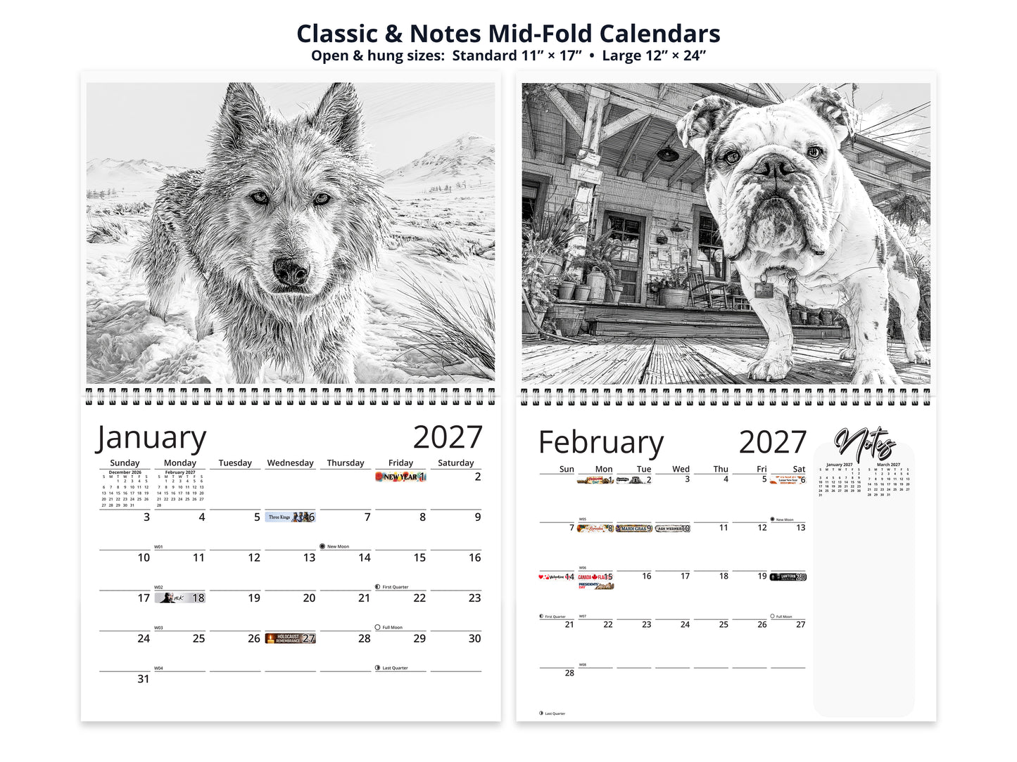 Dog Lover Sketches 2027 wall calendar classic and notes mid-fold calendar pages