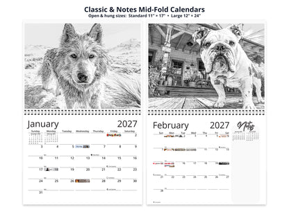 Dog Lover Sketches 2027 wall calendar classic and notes mid-fold calendar pages