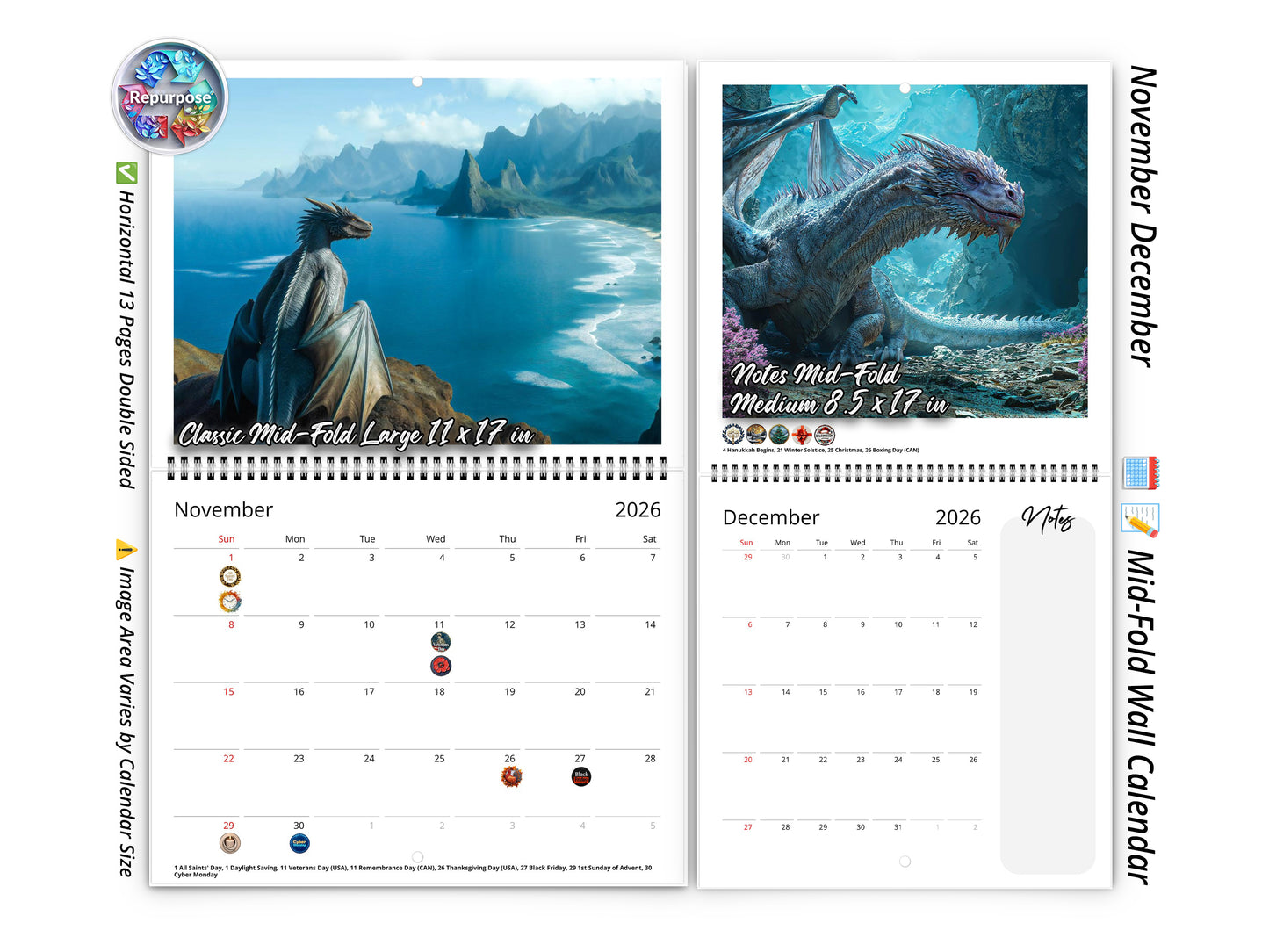 Calendario de pared de dragones 2026 de Kaleidoscope Artisan: ilustraciones de fantasía con festividades
