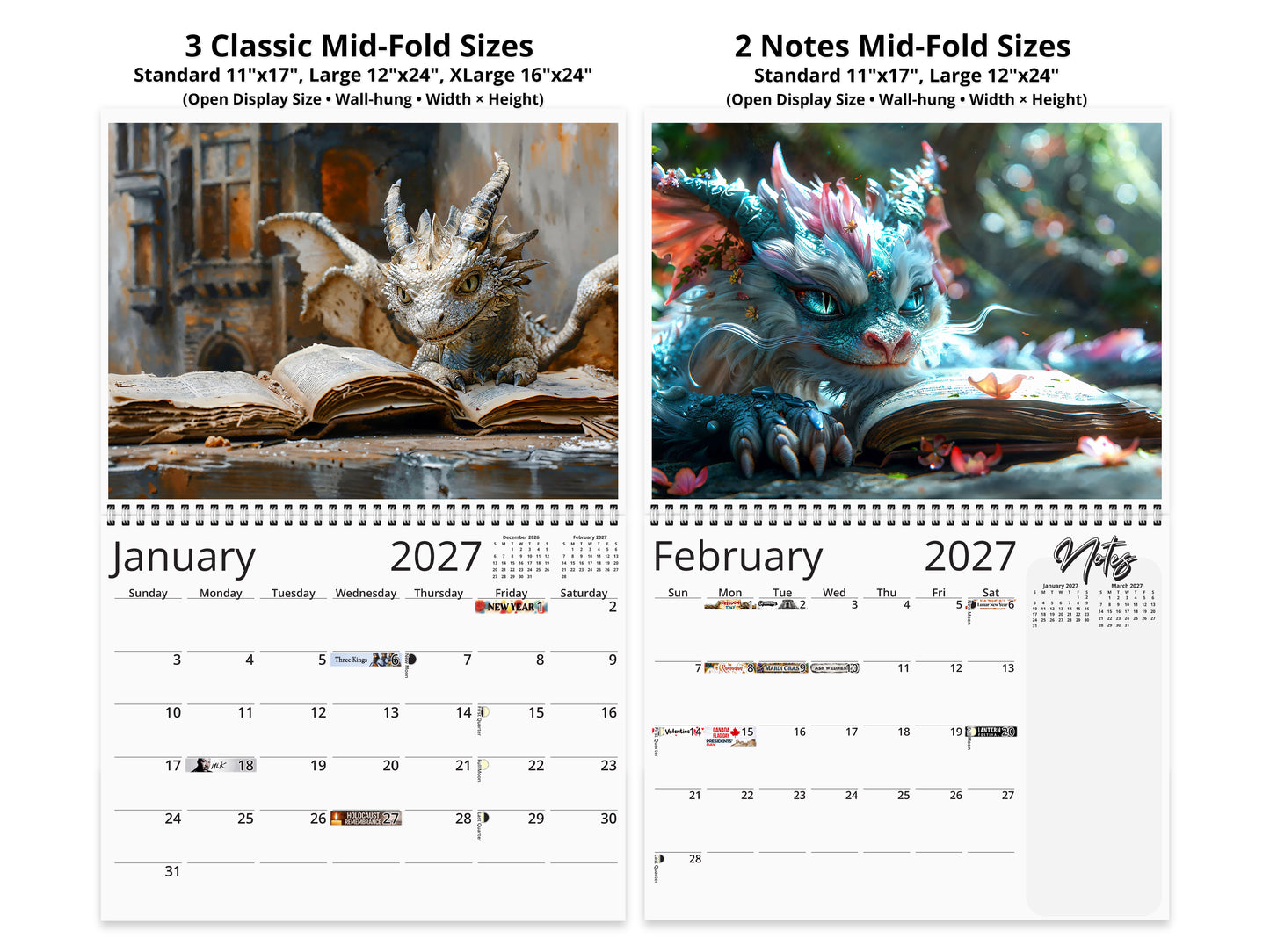2027 Dragon Books Wall Calendar by Kaleidoscope Artisan – Magical Fantasy Journey with Holidays