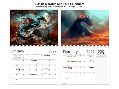 Dragon Dark 2027 wall calendar classic and notes mid-fold calendar pages