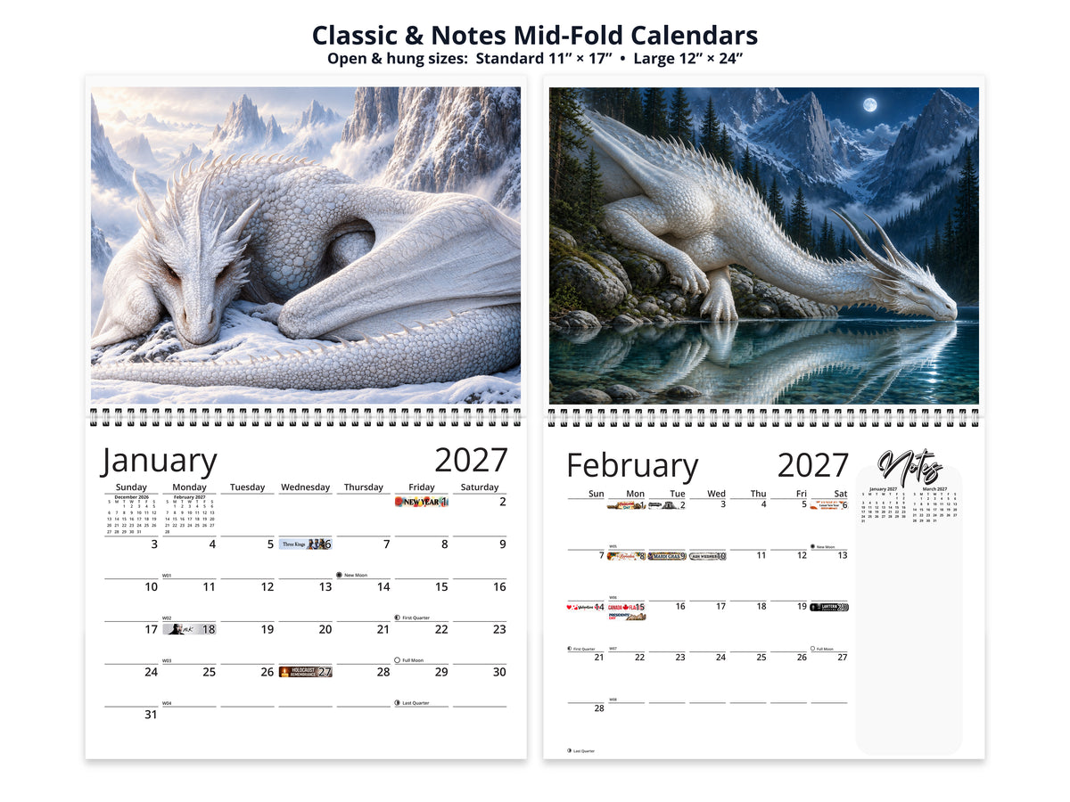 Fantasy Dragon mid-fold calendars open to January and February with snow and moonlit lake artwork.