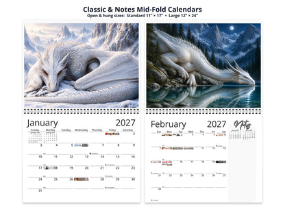 Fantasy Dragon mid-fold calendars open to January and February with snow and moonlit lake artwork.