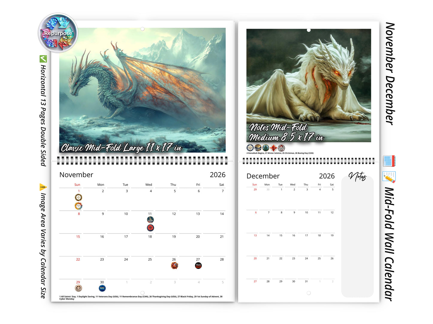 2026 Dragon Light Wall Calendar by Kaleidoscope Artisan – Majestic Dragon Realms with Holidays