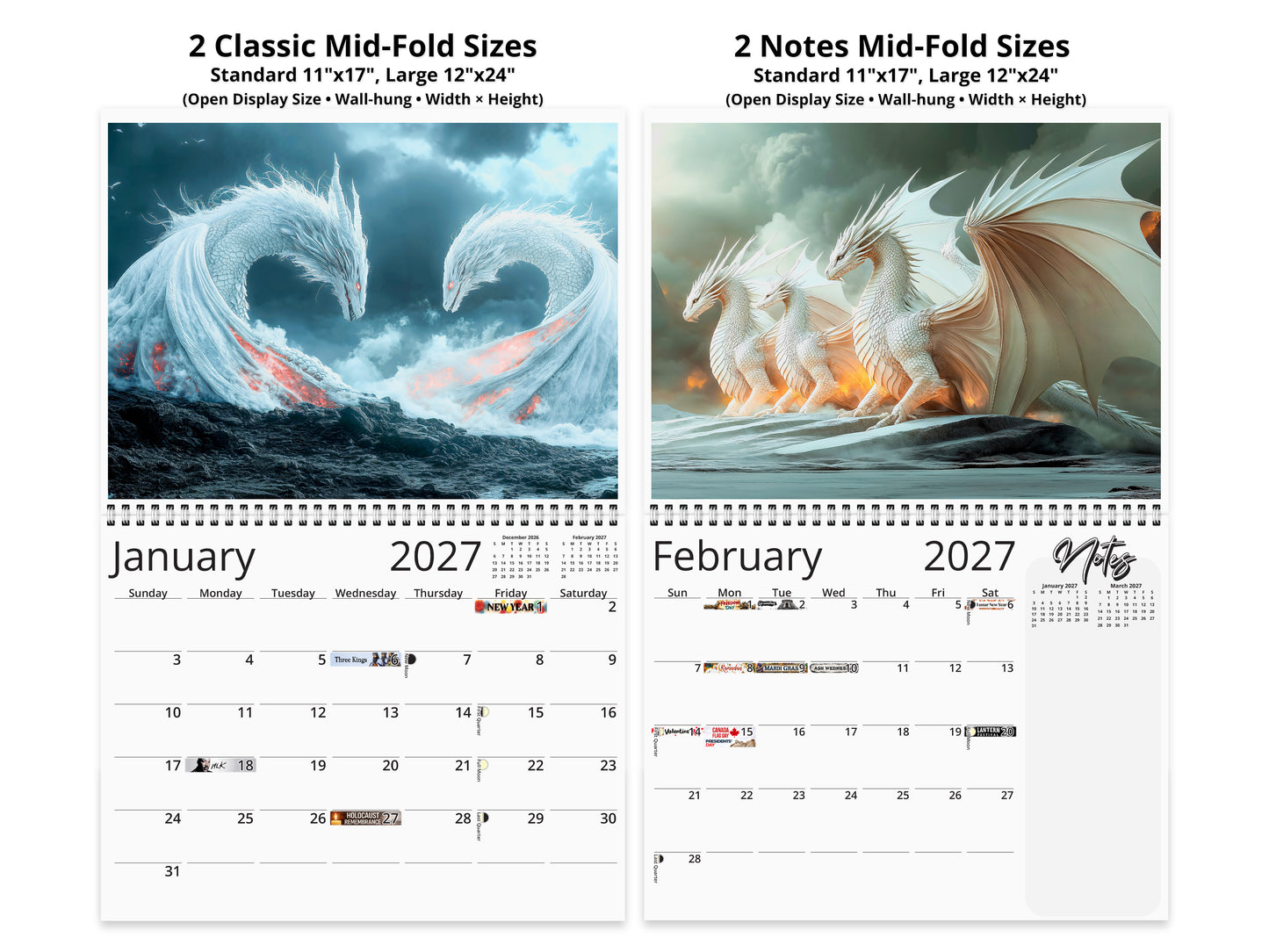 Dragon Light 2027 wall calendar top fold calendar interior pages