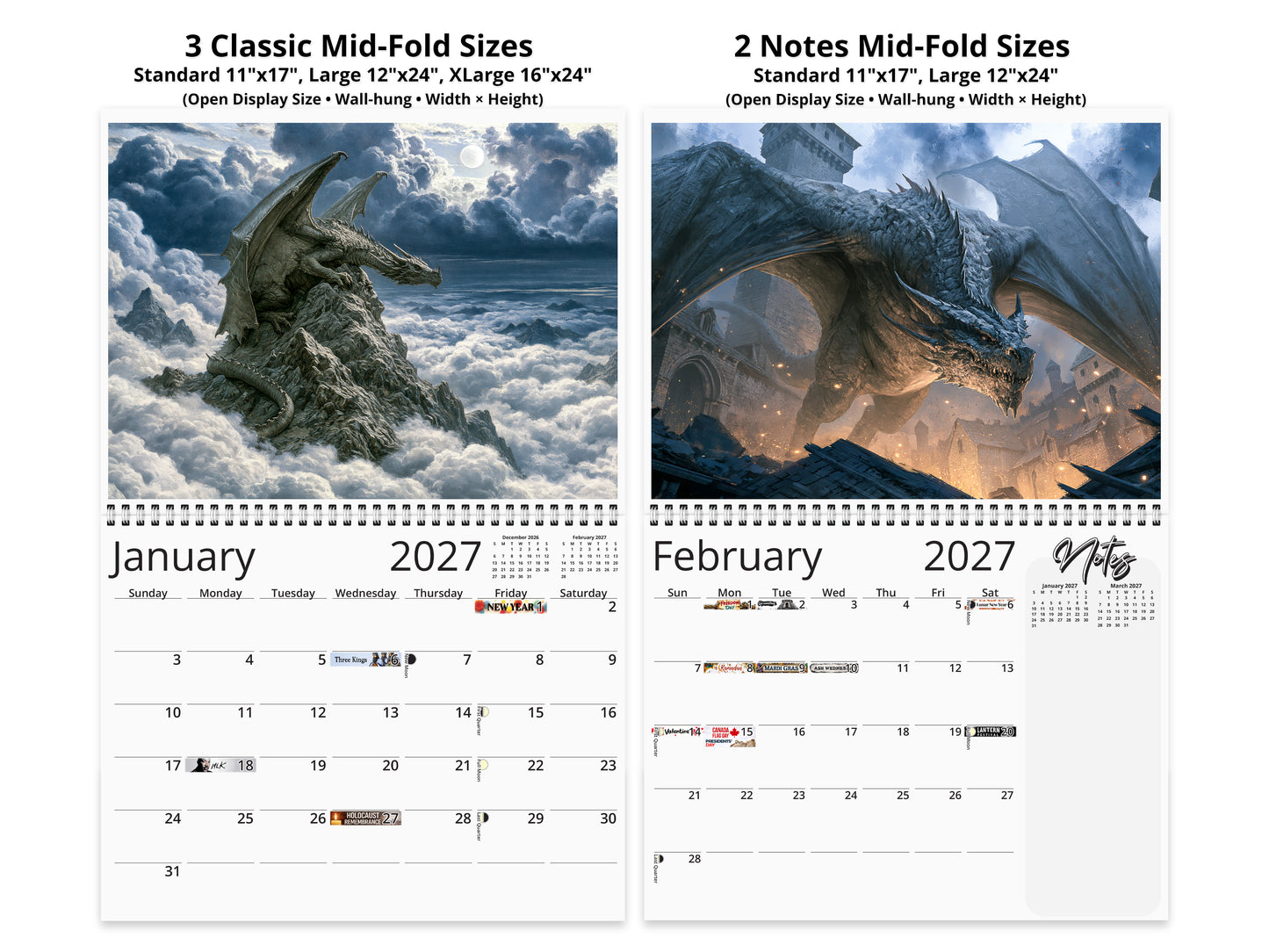 2027 Dragon’s Reign Wall Calendar by Kaleidoscope Artisan – Ancient Fire with Holidays