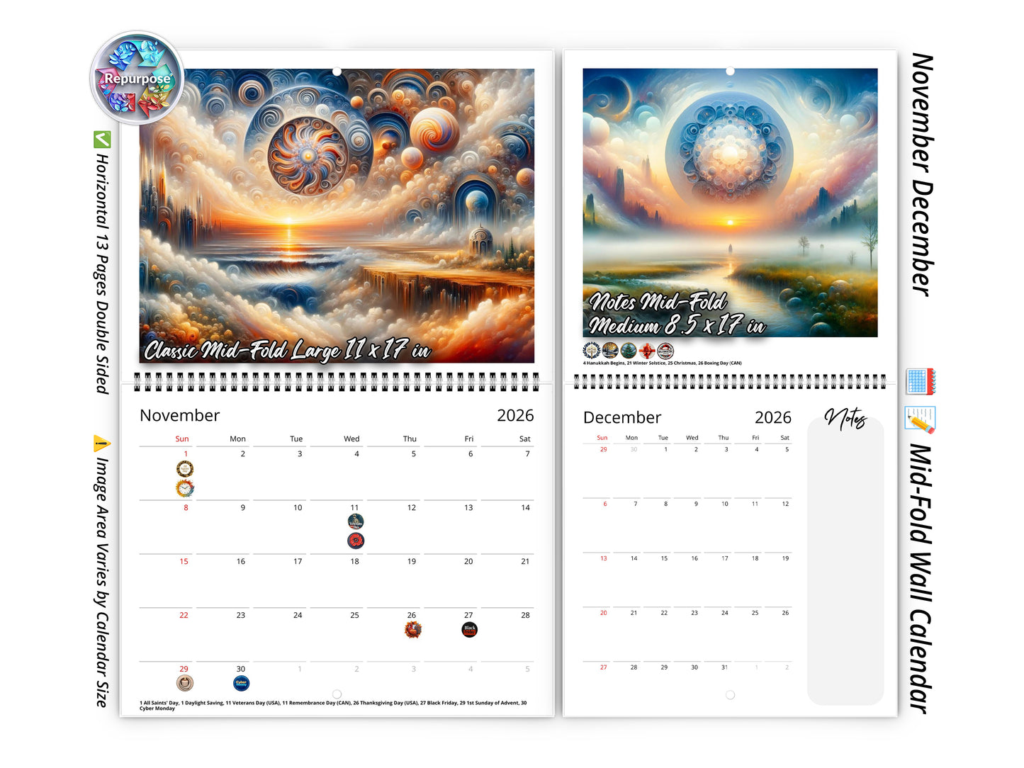 2026 Edge of Eternity Wall Calendar by Kaleidoscope Artisan – Celestial Dreams with Holidays