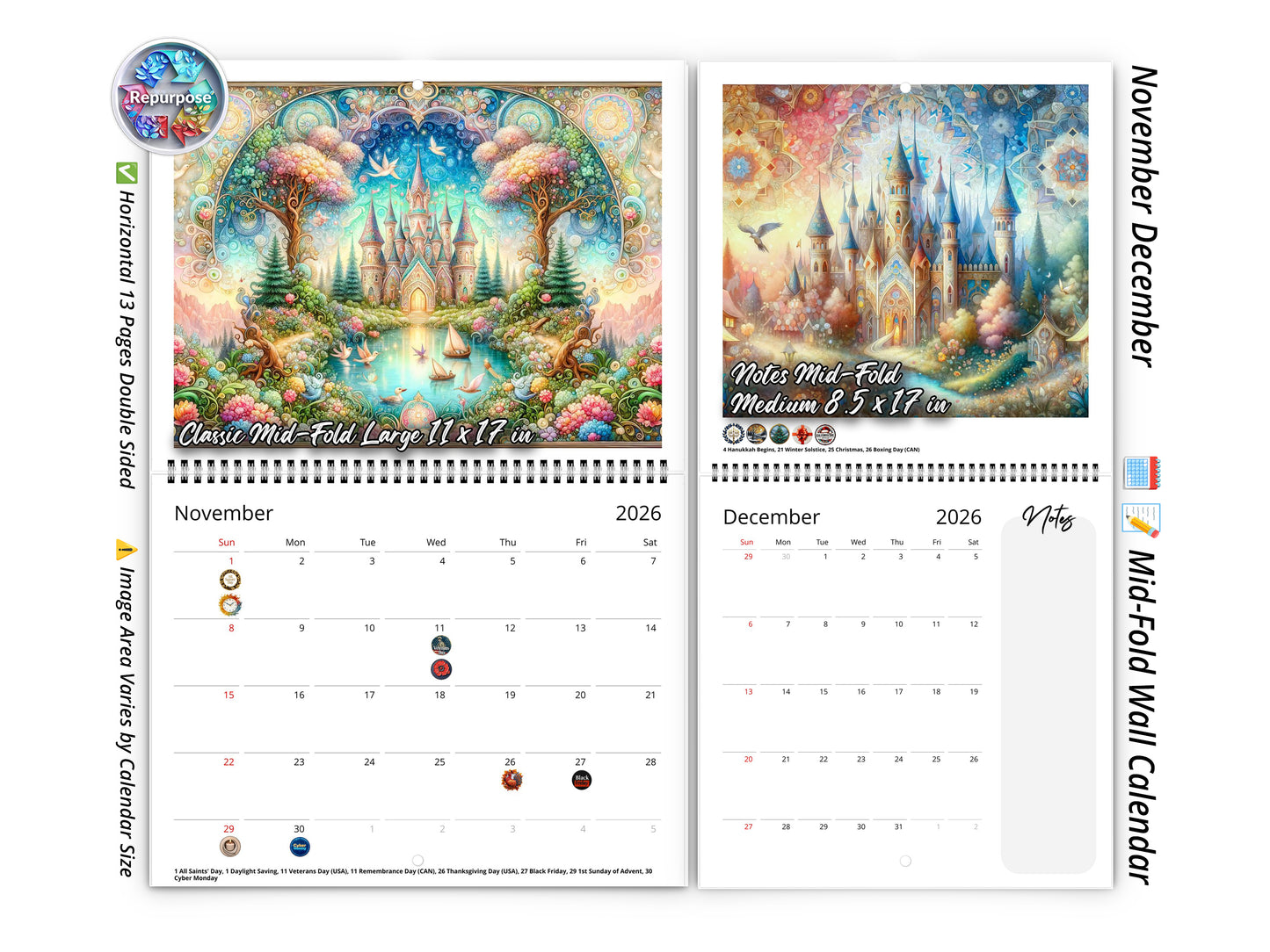 2026 Enchanted Wall Calendar by Kaleidoscope Artisan – Whimsical Fantasy with Holidays