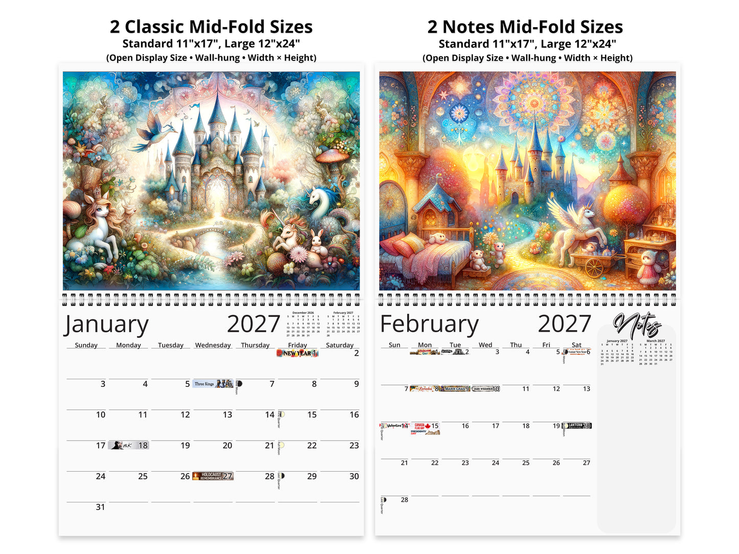 Enchanted 2027 wall calendar top fold calendar interior pages