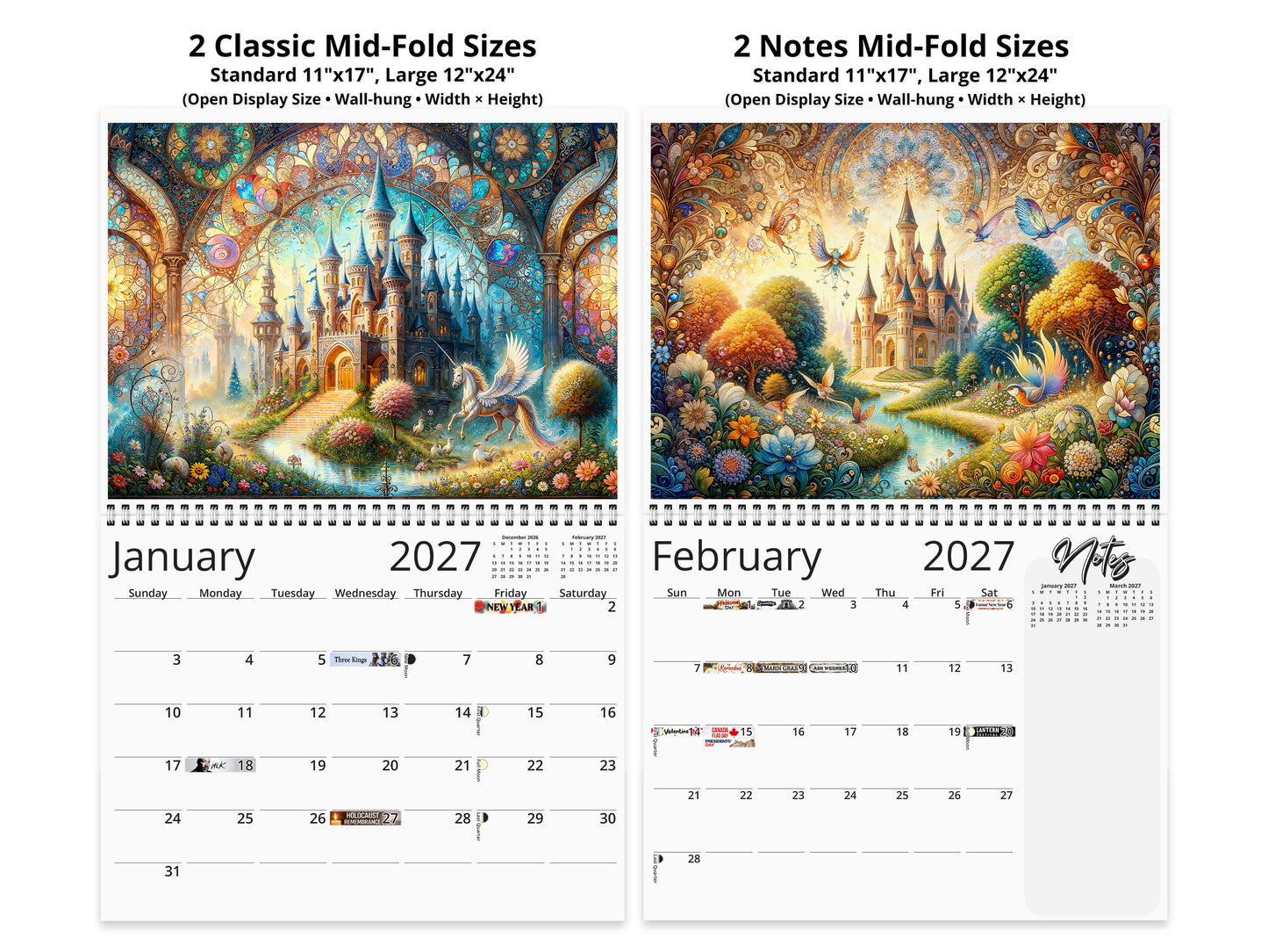 Enchanted Moments 2027 wall calendar top fold calendar interior pages