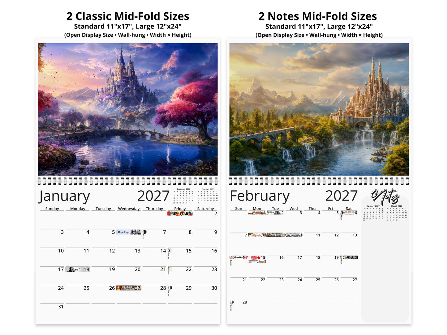 Enchanted Realms 2027 wall calendar top fold calendar interior pages
