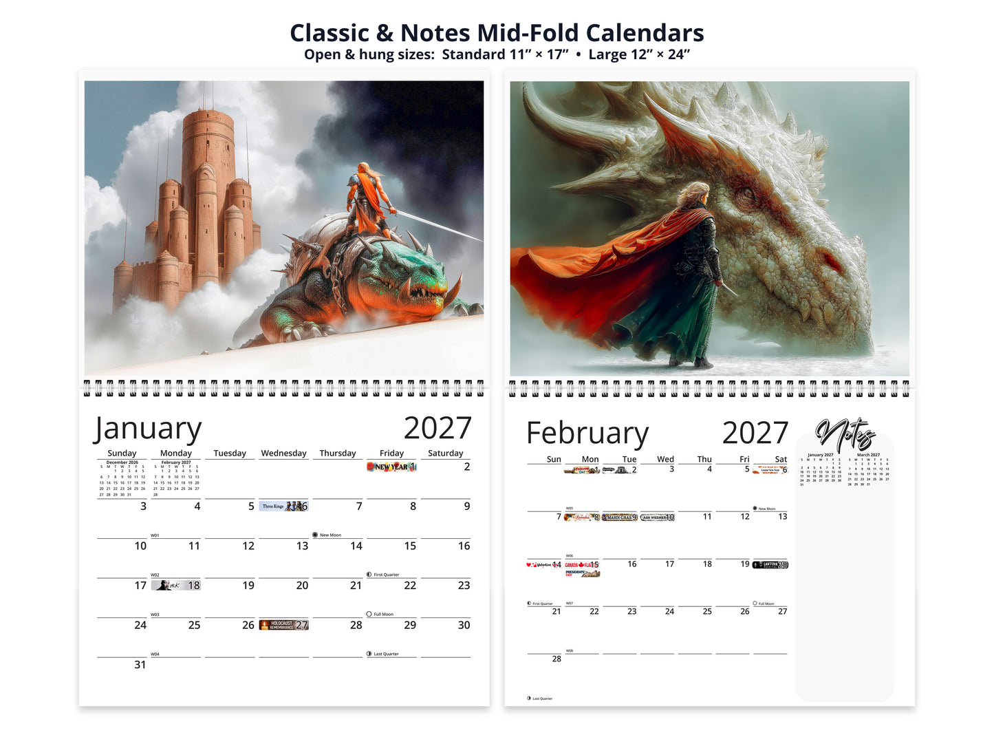 Epic Fantasy 2027 wall calendar classic and notes mid-fold calendar pages