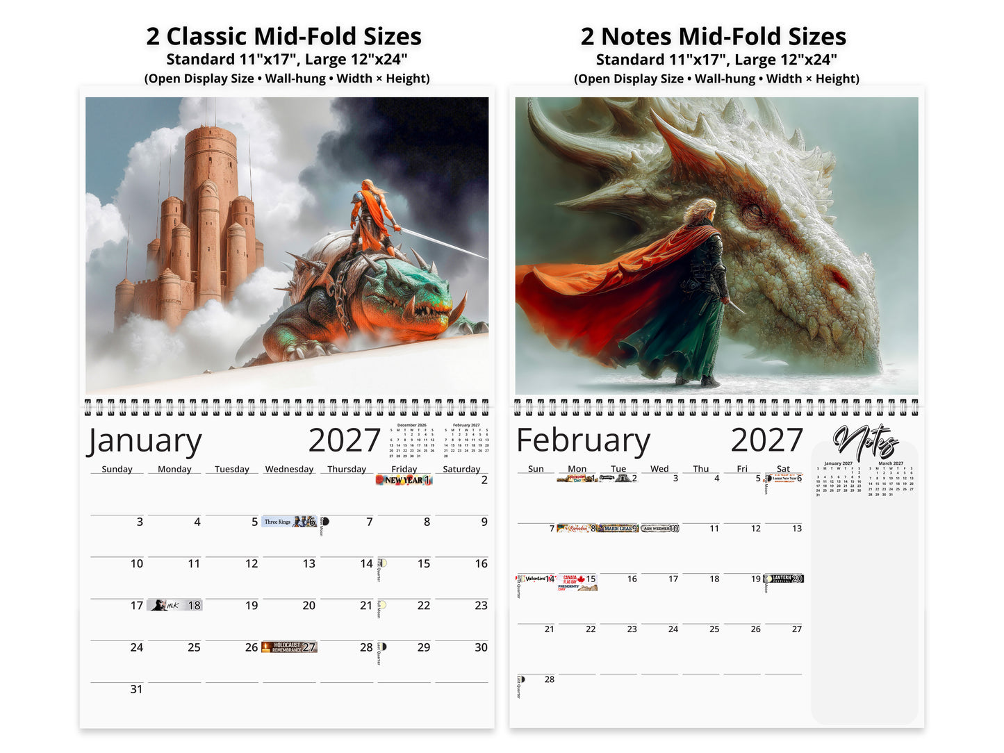 2027 Epic Fantasy Wall Calendar by Kaleidoscope Artisan – Legendary Realms with Holidays