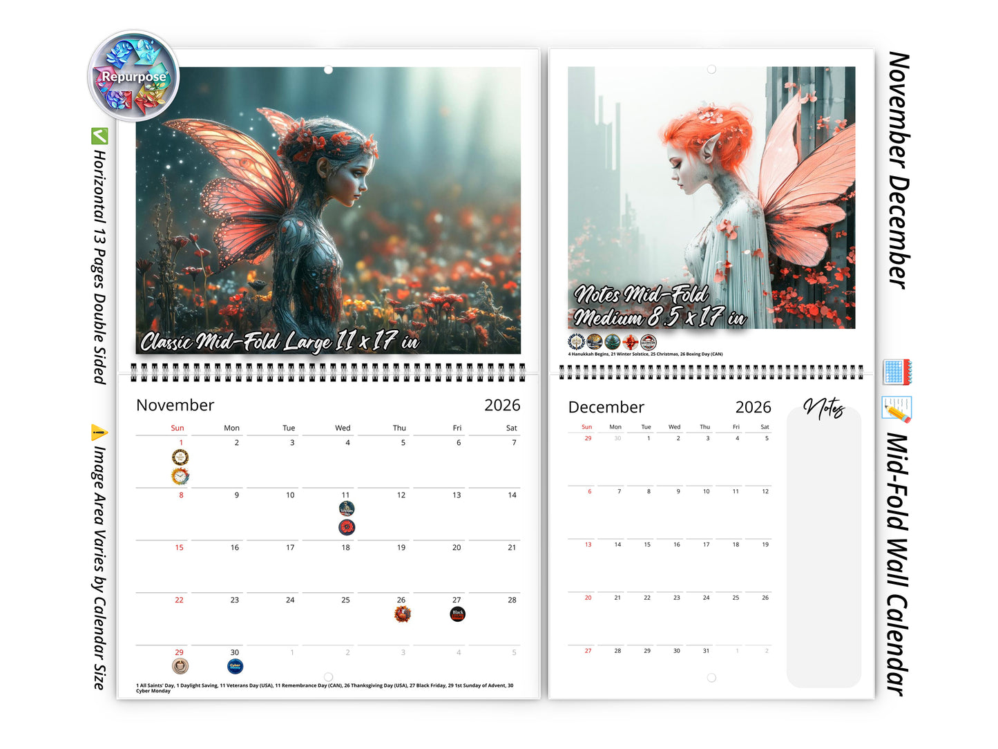 2026 Fairy Dream Wall Calendar by Kaleidoscope Artisan – Enchanting Fantasy Fairies with Holidays